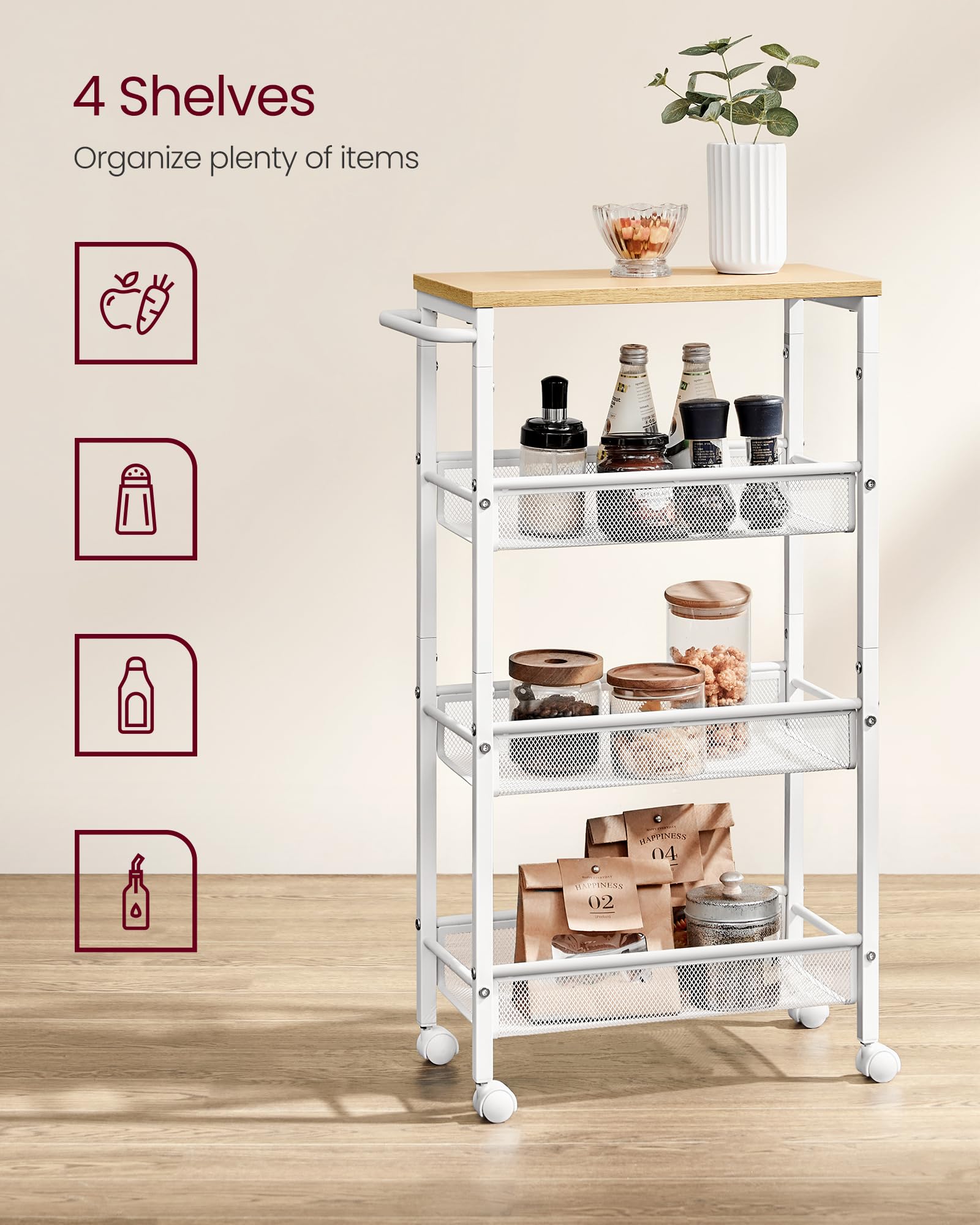 Vasagle Slim Rolling Cart, 4-Tier Storage Cart, Narrow Cart With Handle, 8.7 Inches Deep, Metal Frame, For Kitchen, Dining Room, Living Room, Home Office, Oak Beige And Classic White Ulrc033W09