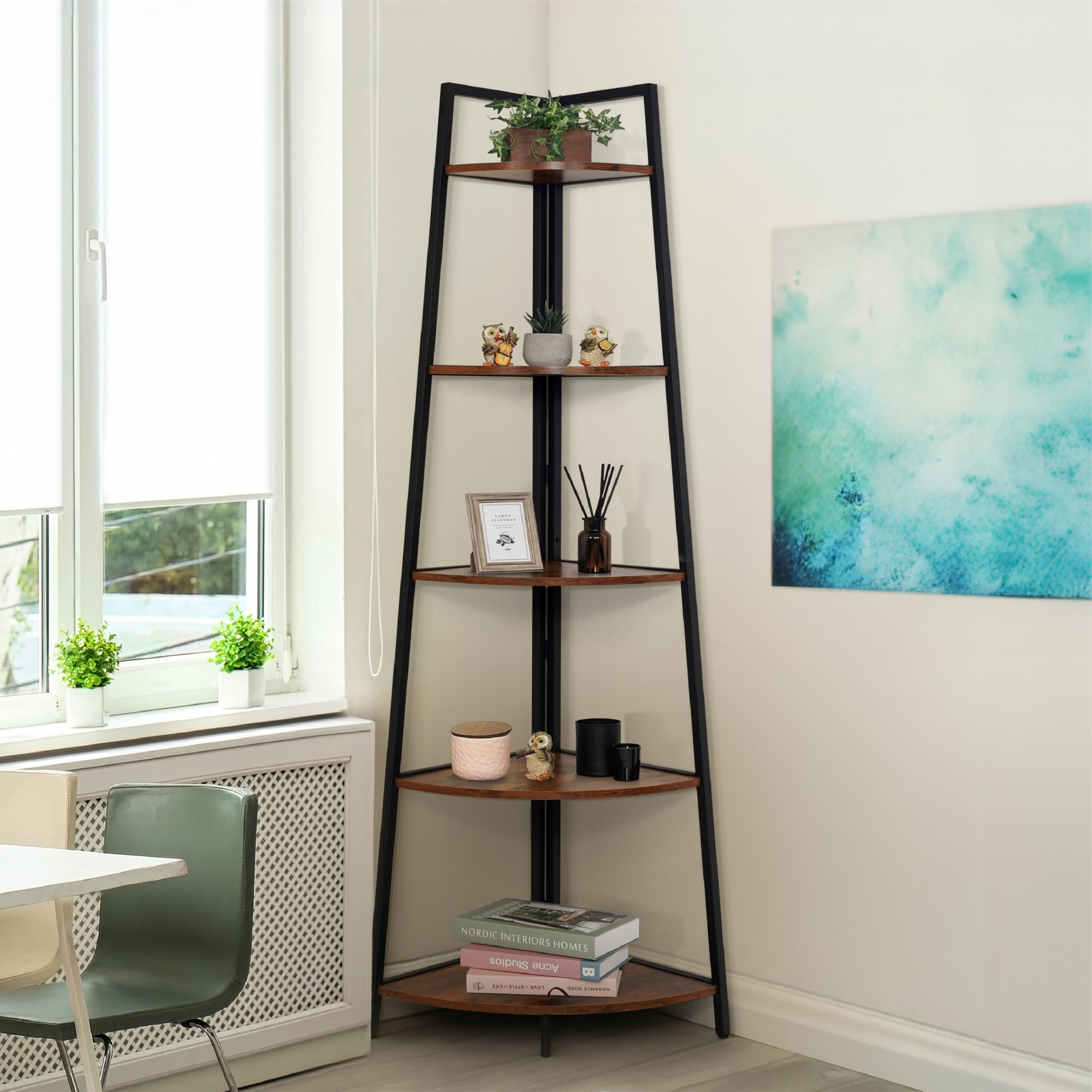 Caphaus Tall Corner Shelf Stand, 5-Tier Display Shelves, Ladder Corner Wood Storage Plant Bookshelf With Metal Frame, Versatile Shelving Unit Bookcase For Home Office Space, Rustic Oak