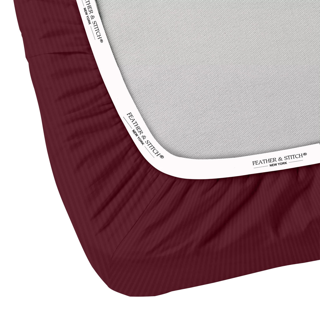 Feather & Stitch 100% Cotton 1 Piece Damask Stripe Twin Fitted Sheet 500 Thread Count Burgundy 18' Extra Deep Pocket Luxury Sateen Weave Stretchable Boxer Elastic Fits Mattress Perfectly