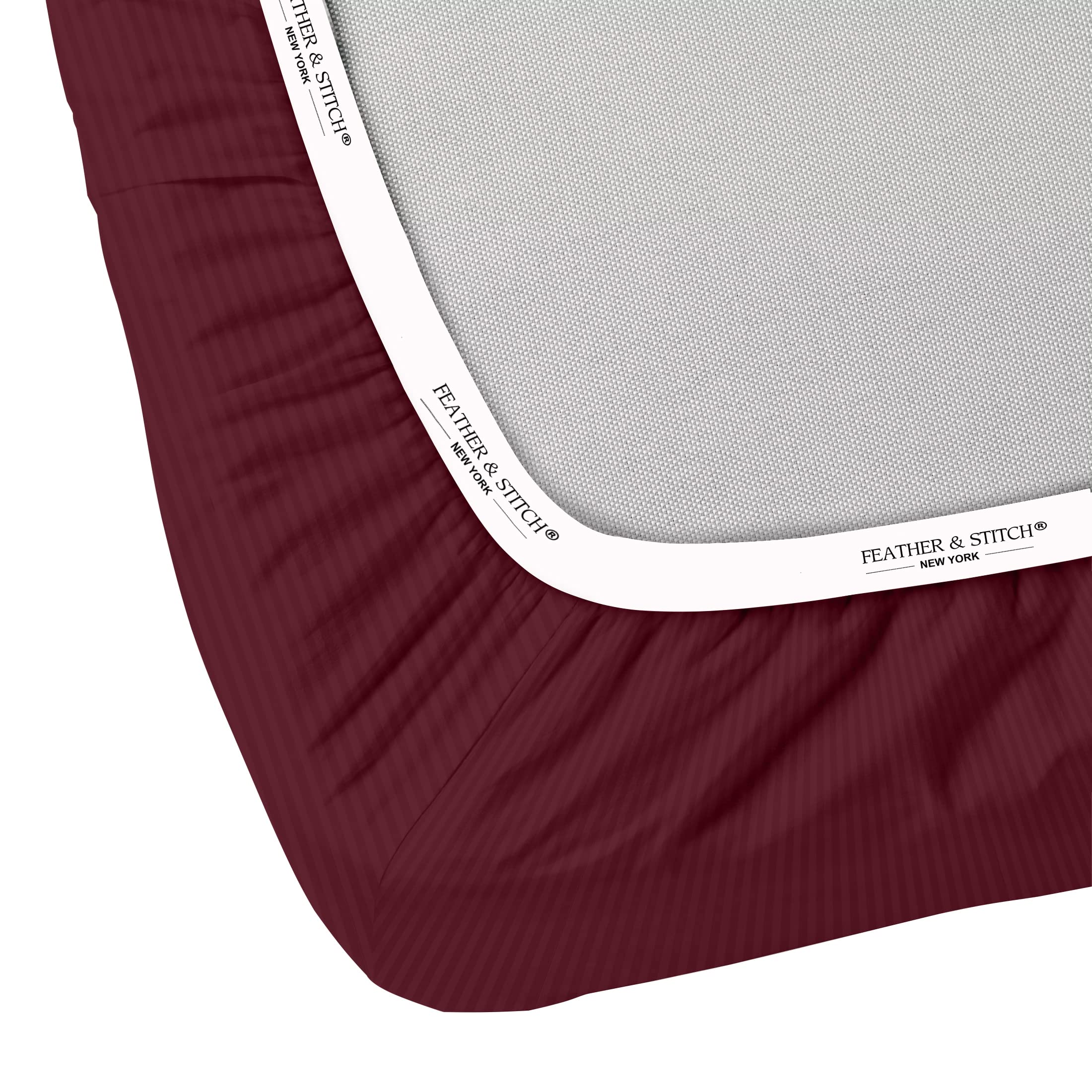 Feather & Stitch 100% Cotton 1 Piece Damask Stripe Full Fitted Sheet 500 Thread Count Burgundy 18' Extra Deep Pocket Luxury Sateen Weave Stretchable Boxer Elastic Fits Mattress Perfectly