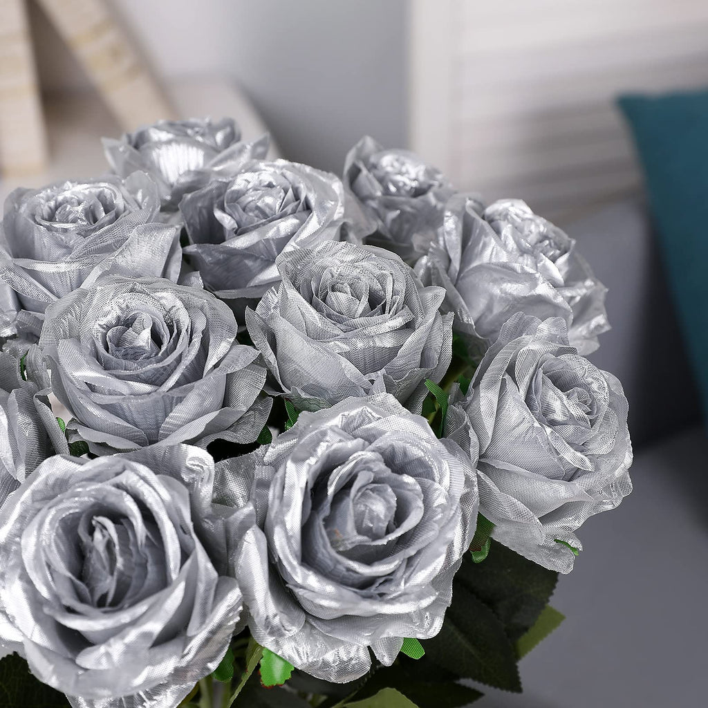 Tifuly Silver Roses Artificial Flowers -12Pcs Realistic Single Long Stem Fake Silk Roses Bouquet For Party Home Wedding Centerpi