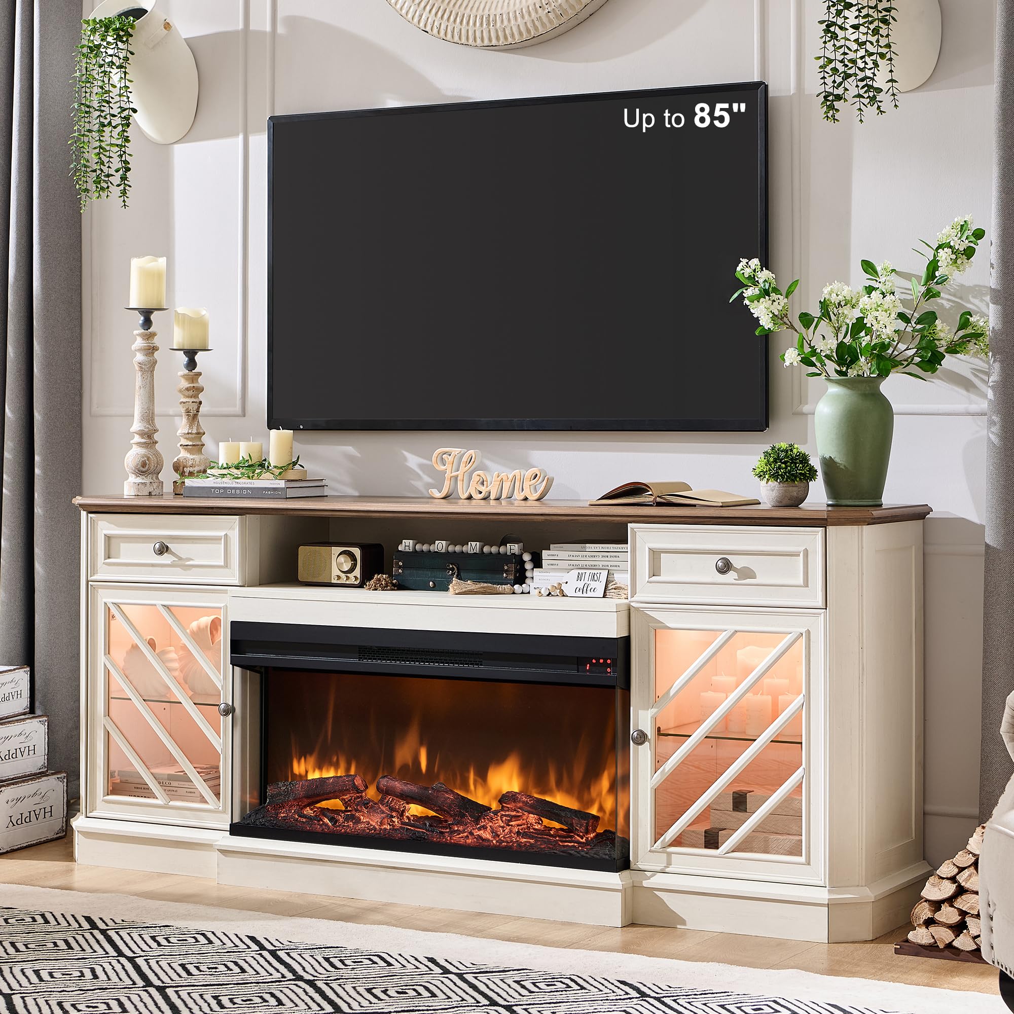 OKD 75 Inch 3-Sided Electric Fireplace TV Stand for TVs up to 85  ,Modern Highboy Entertainment Center with 36  Fireplace & LE