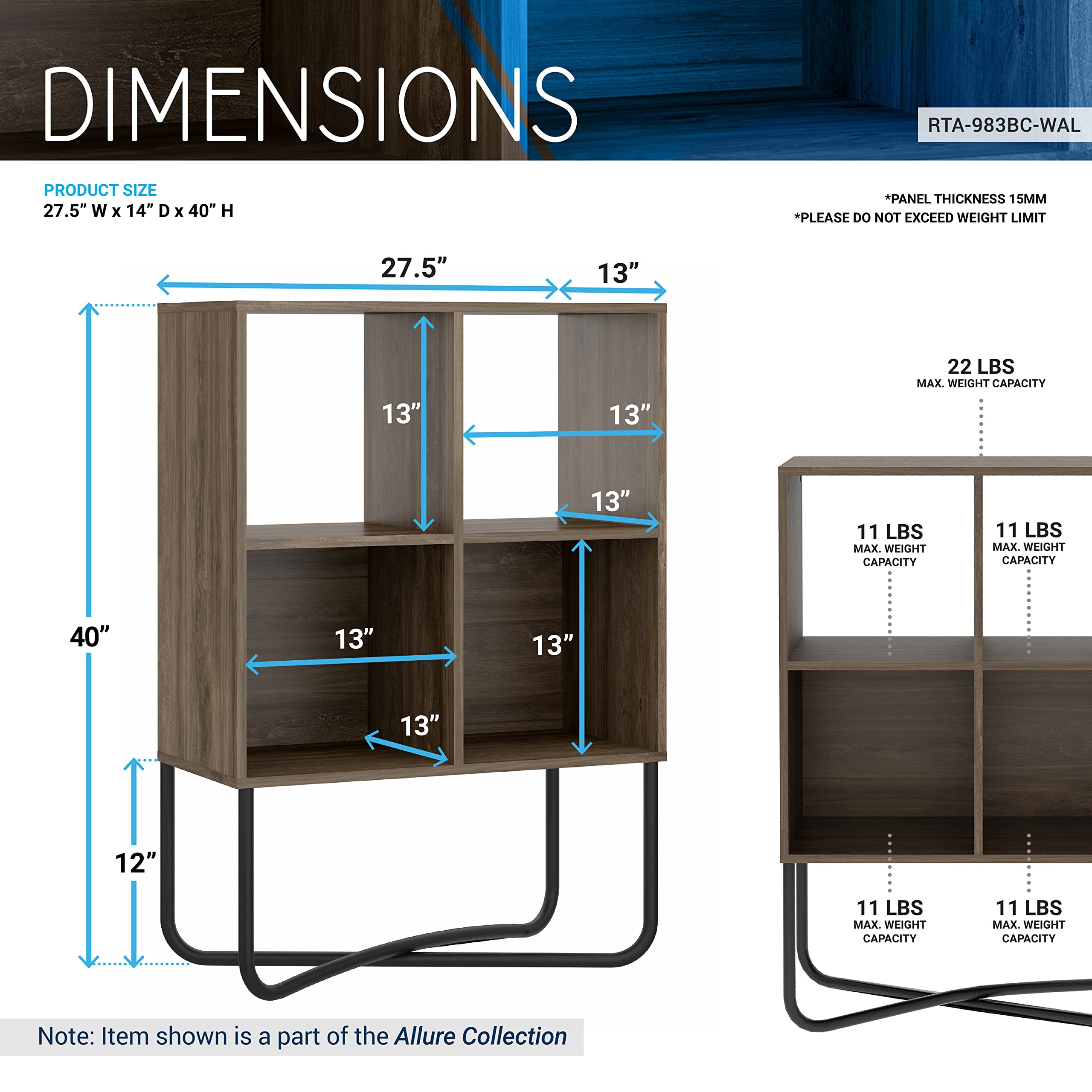Techni Mobili 2-Tier Bookshelf, Cube Storage For Living Room Or Home Office, Open Back Shelves For Display Or Storage, Walnut