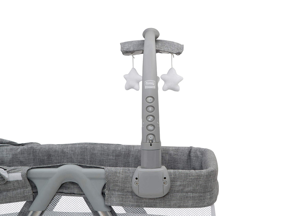 Simmons Kids City Sleeper Bedside Bassinet Portable Crib - Activity Mobile Arm With Nightlight, Vibrations, Twinkle Lights And Rotating Stars, Grey Tweed