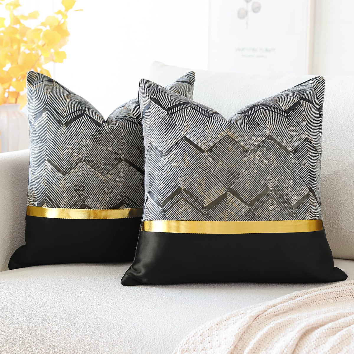 Otostar Set Of 2 Throw Pillow Covers For Bed Couch Sofa Car Decor Luxury Modern Minimalist Gold Leather Stitching Wavy Stripes S