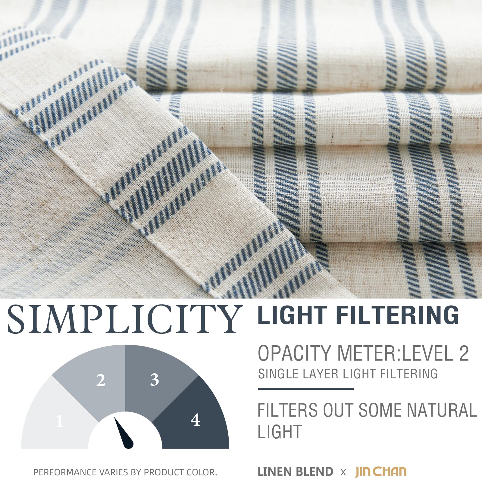 Jinchan Linen Kitchen Curtains Striped Tier Curtains 36 Inch Cafe Curtains Farmhouse Small Curtains Balanced Stripe Half Window Curtains Light Filtering For Bathroom Laundry 2 Panels Blue On Beige