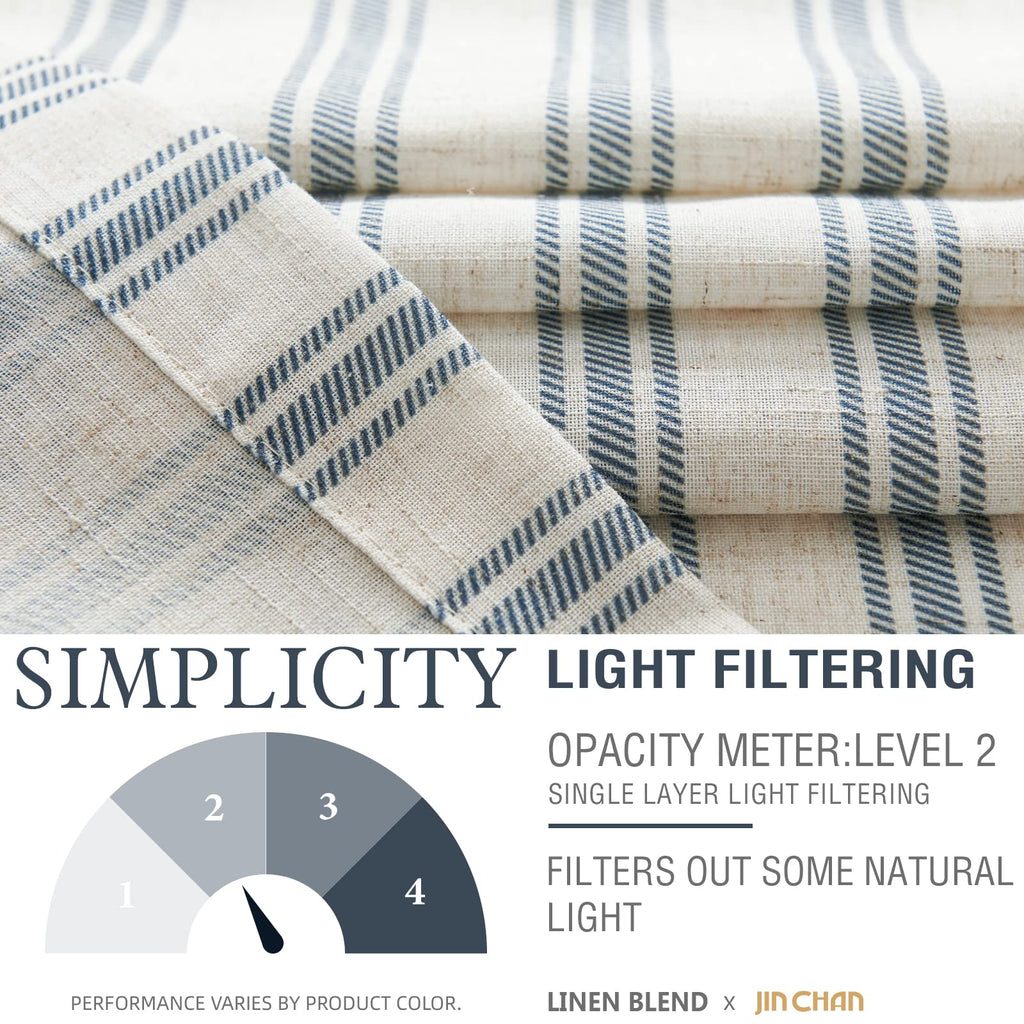 Jinchan Linen Kitchen Curtains Striped Tier Curtains 24 Inch Cafe Curtains Farmhouse Small Curtains Balanced Stripe Half Window Curtains Light Filtering For Bathroom Laundry 2 Panels Blue On Beige