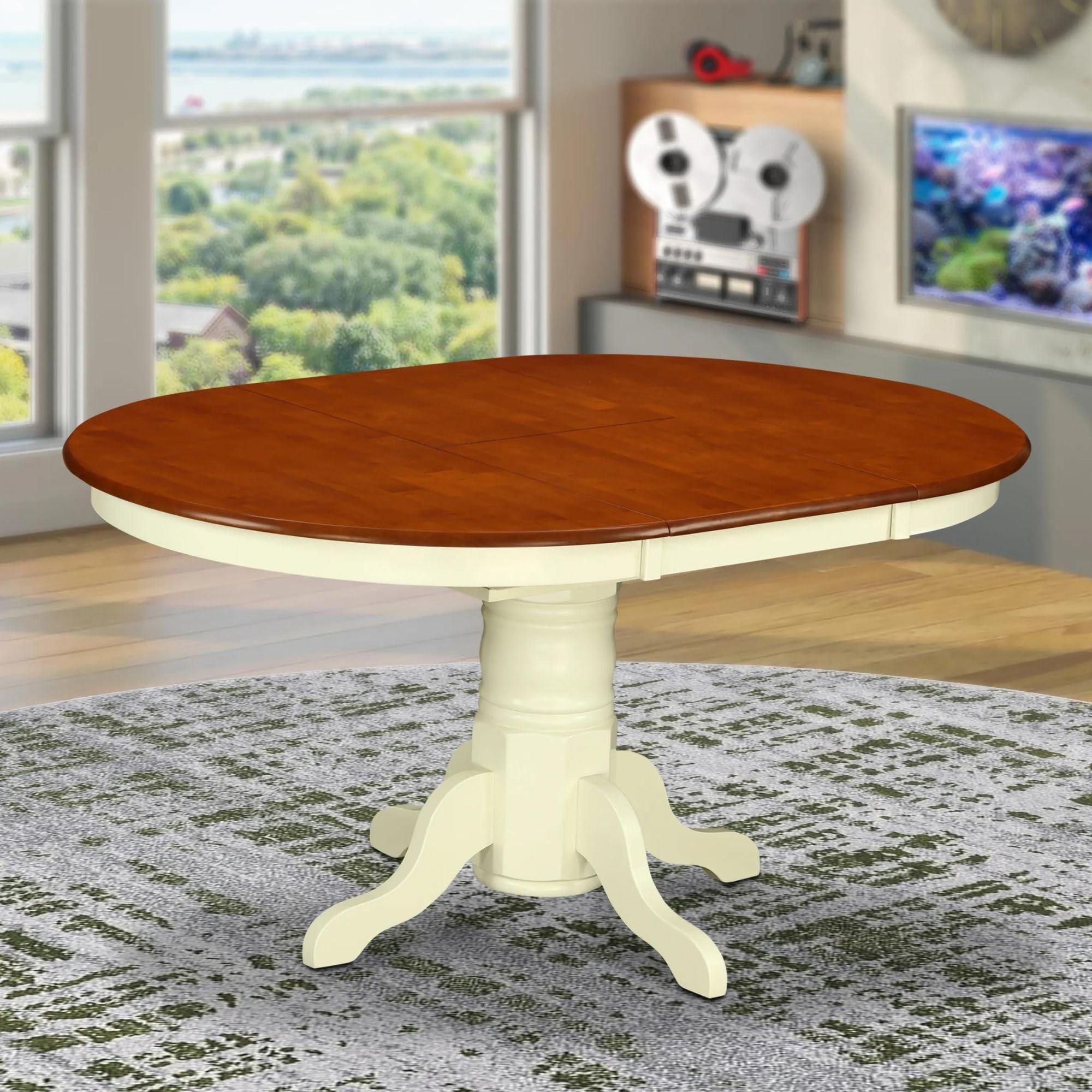 East West Furniture KET-WHI-TP Kenley Kitchen Dining Table - an Oval Wooden Table Top with Butterfly Leaf & Pedestal Base, 42x60 Inch, Buttermilk & Cherry