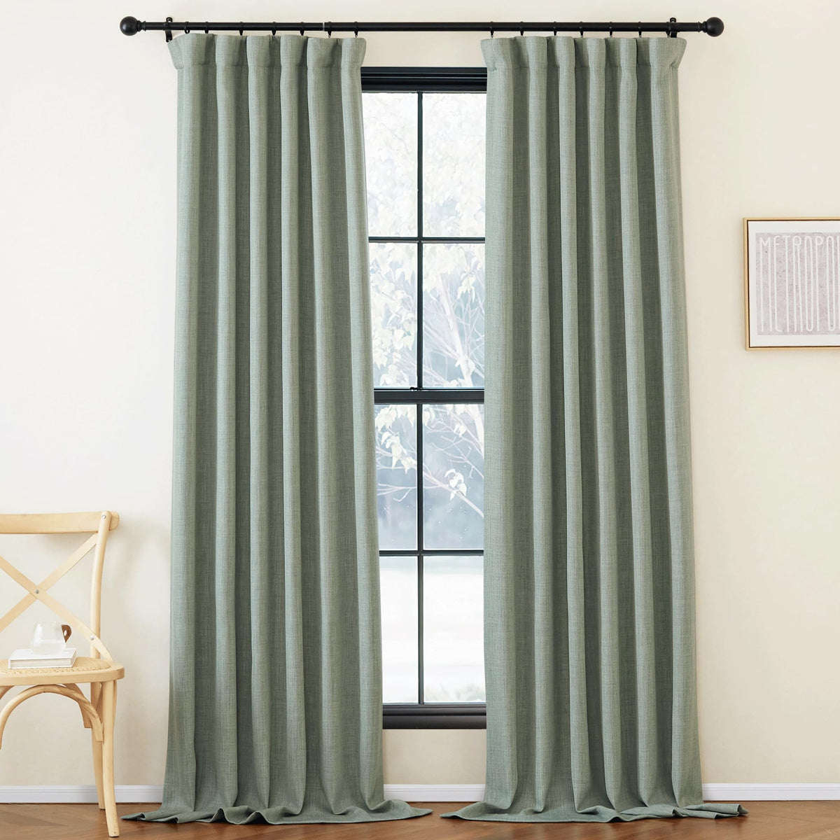 NICETOWN Room Darkening Sage Green Faux Linen Curtains for Bedroom, Rod Pocket/Back Tab/Hook Belt Linen Burlap Light Blocking No
