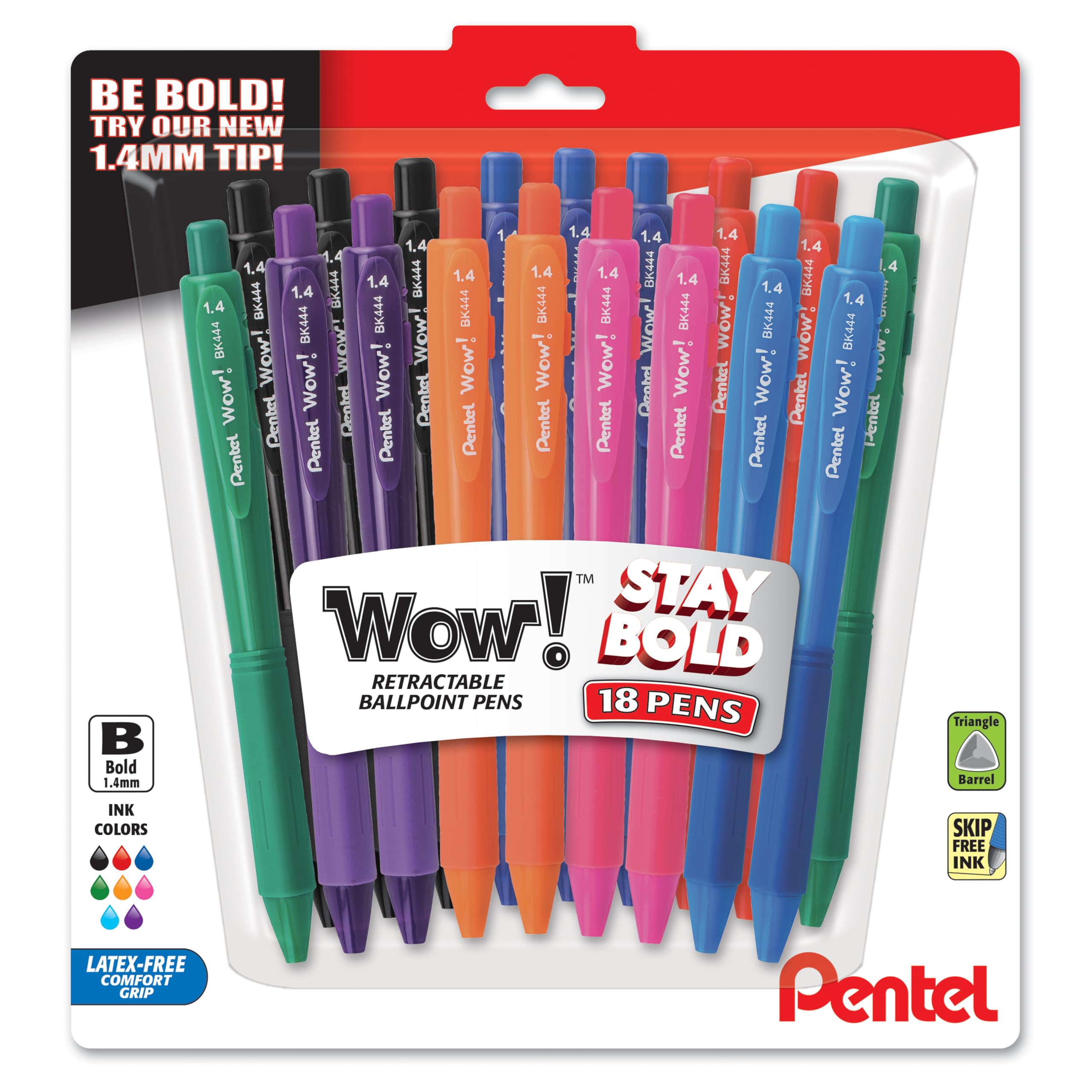 Pentel Wow! Retractable Ballpoint Pen, (1.4Mm), Bold Line, Assorted Ink Colors, Pack Of 18 (Bk444Bp18M)