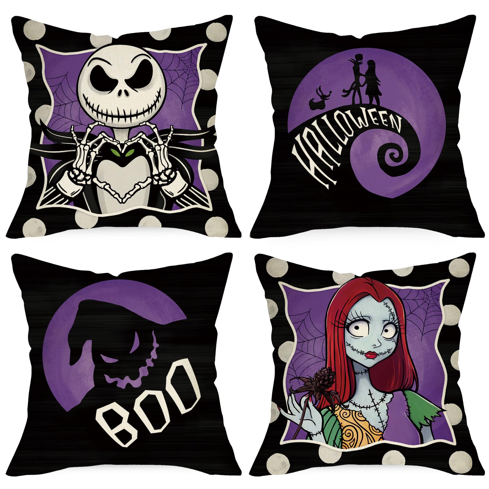 Ussap Halloween Jack Decorative Throw Pillow Covers 18 x 18 Set of 4, Purple Black Sally Monster Boo Cushion Case Decor, Funny H