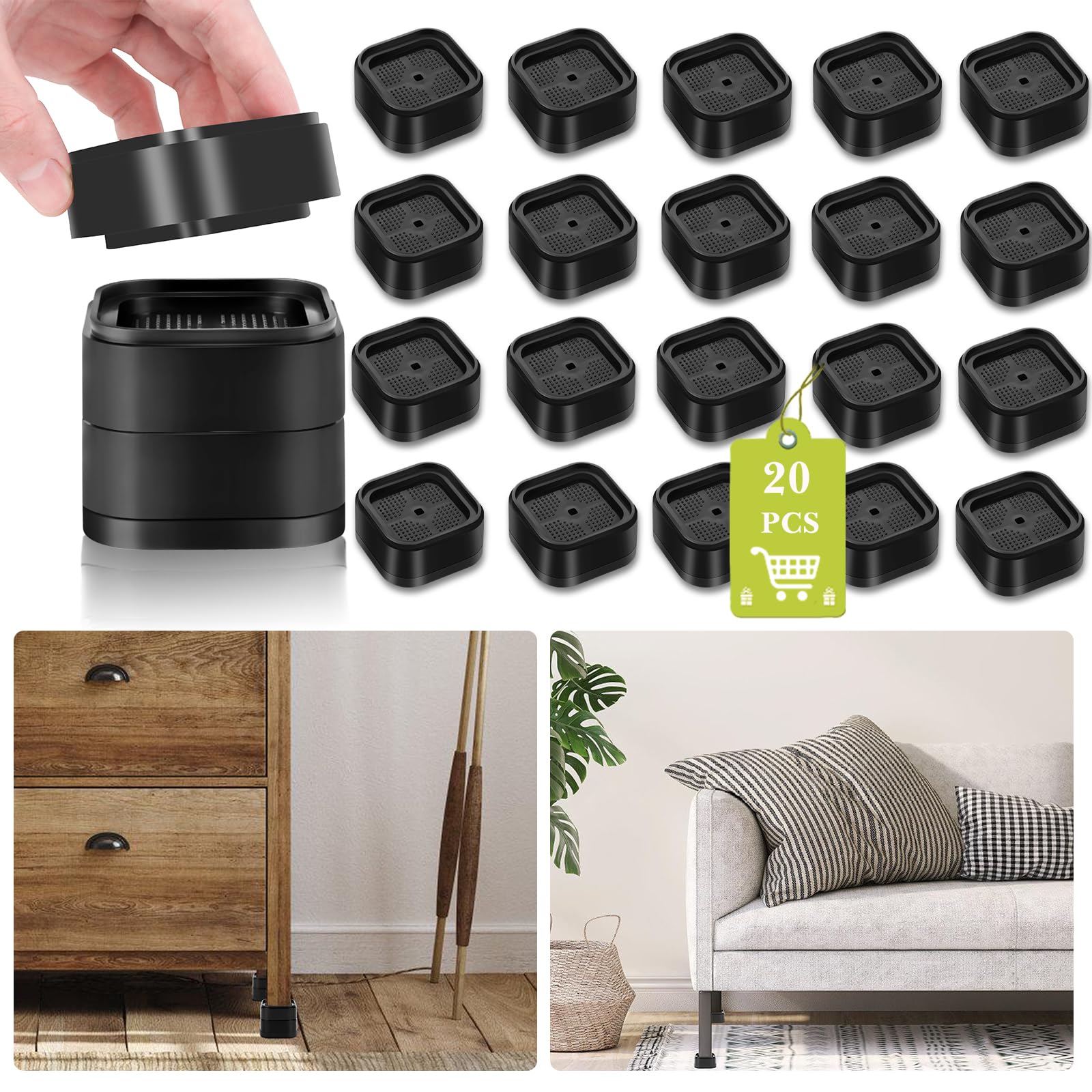 20 Pack Furniture Risers 1, 2 Or 3 Inch, Adjustable Bed Risers Heavy Duty For Table Desk Couch Chair Sofa Cabinet Bed Legs Dorm,