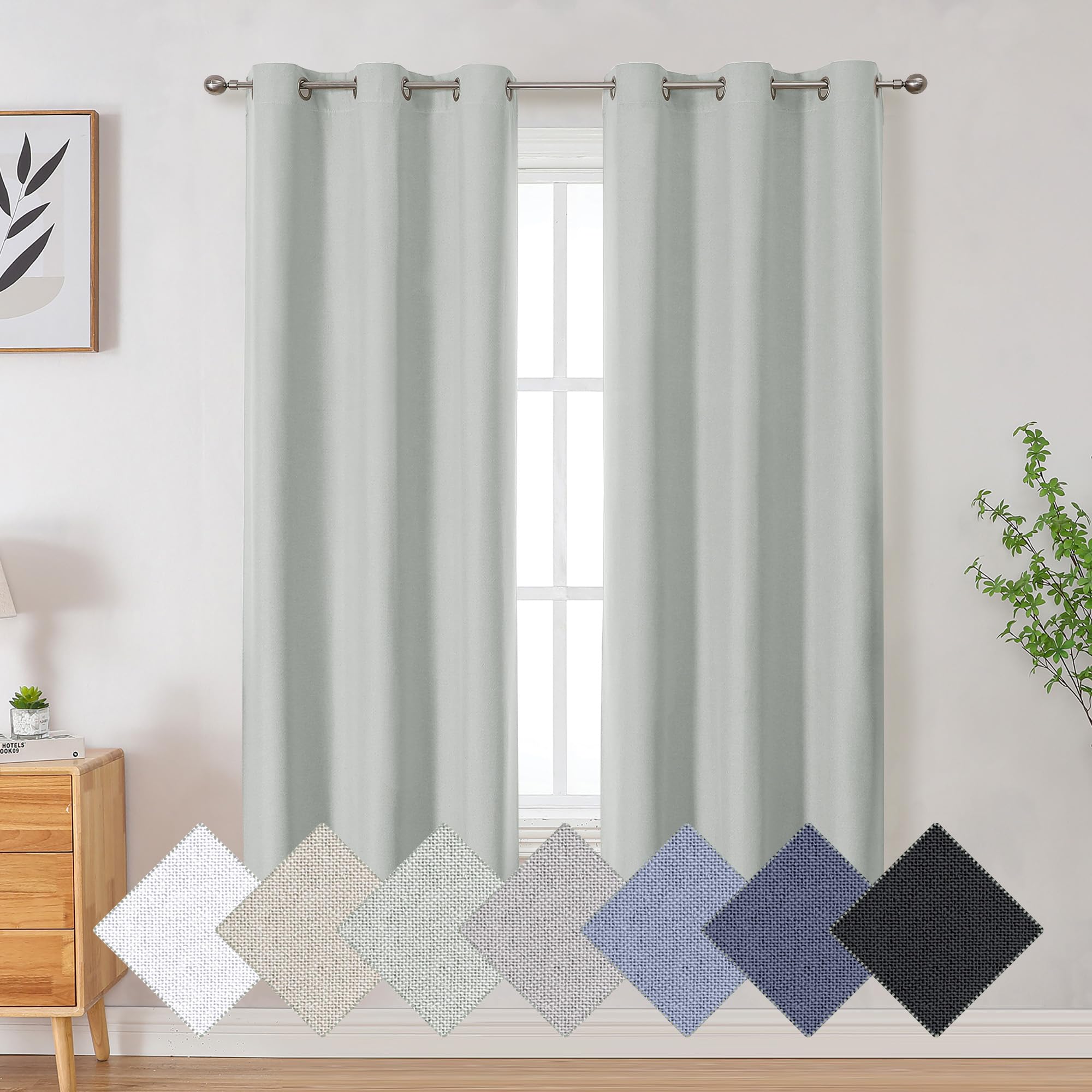 Aiyufeng Light Green Total Blackout Curtains 63 Inches Long 2 Panels, Textured Full Room Darkening Panels, Faux Linen Look Therm
