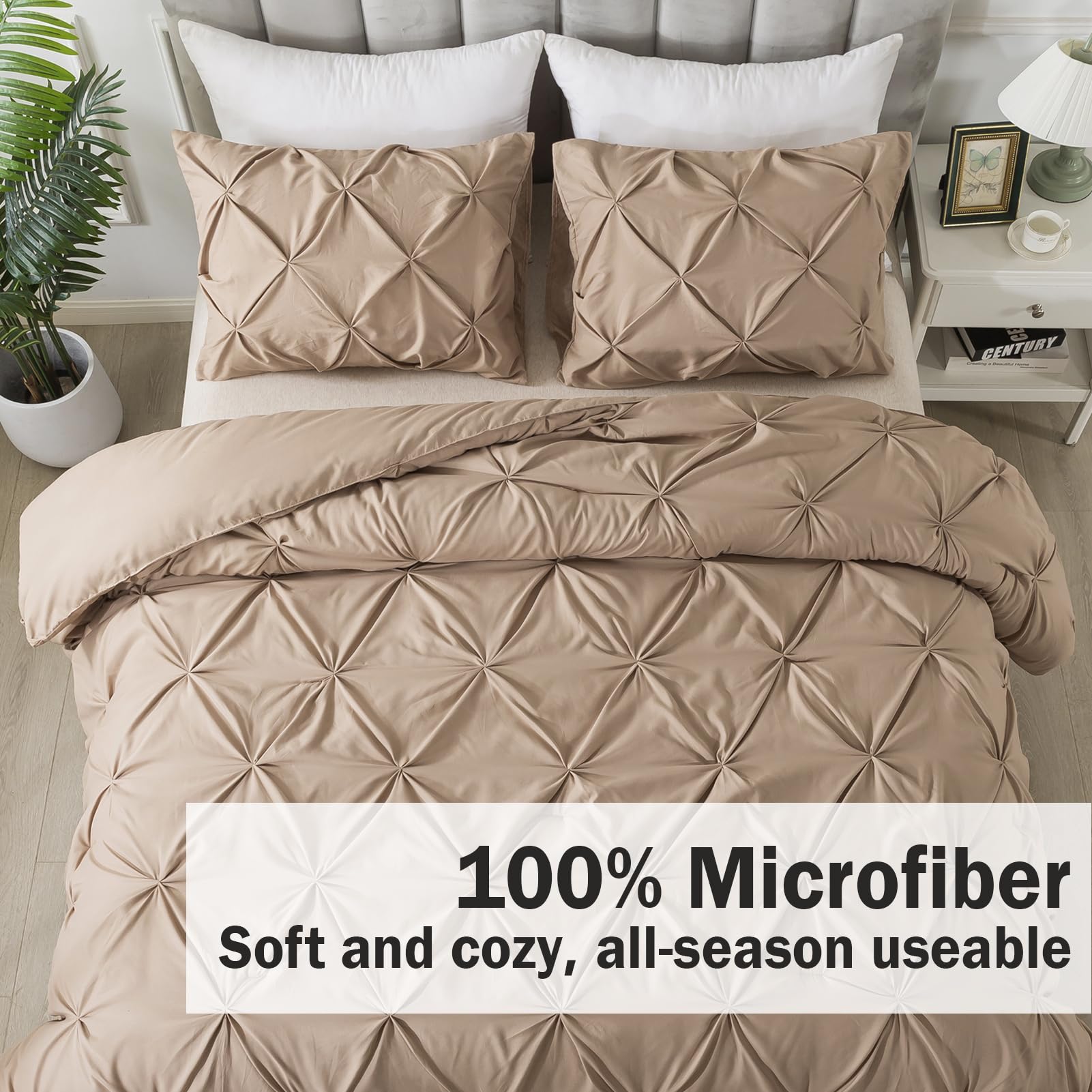 Andency Taupe Comforter Set King, 3 Pieces Stylish Pinch Pleat Bedding Comforters & Sets, Lightweight Soft Boho Bed Set For Adults (104X90Inch)