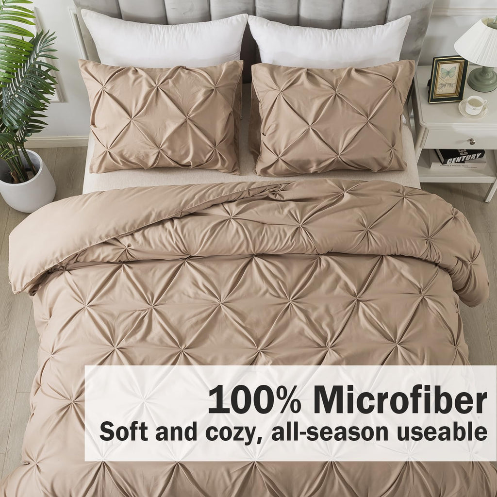 Andency Taupe Comforter Set King, 3 Pieces Stylish Pinch Pleat Bedding Comforters & Sets, Lightweight Soft Boho Bed Set For Adults (104X90Inch)