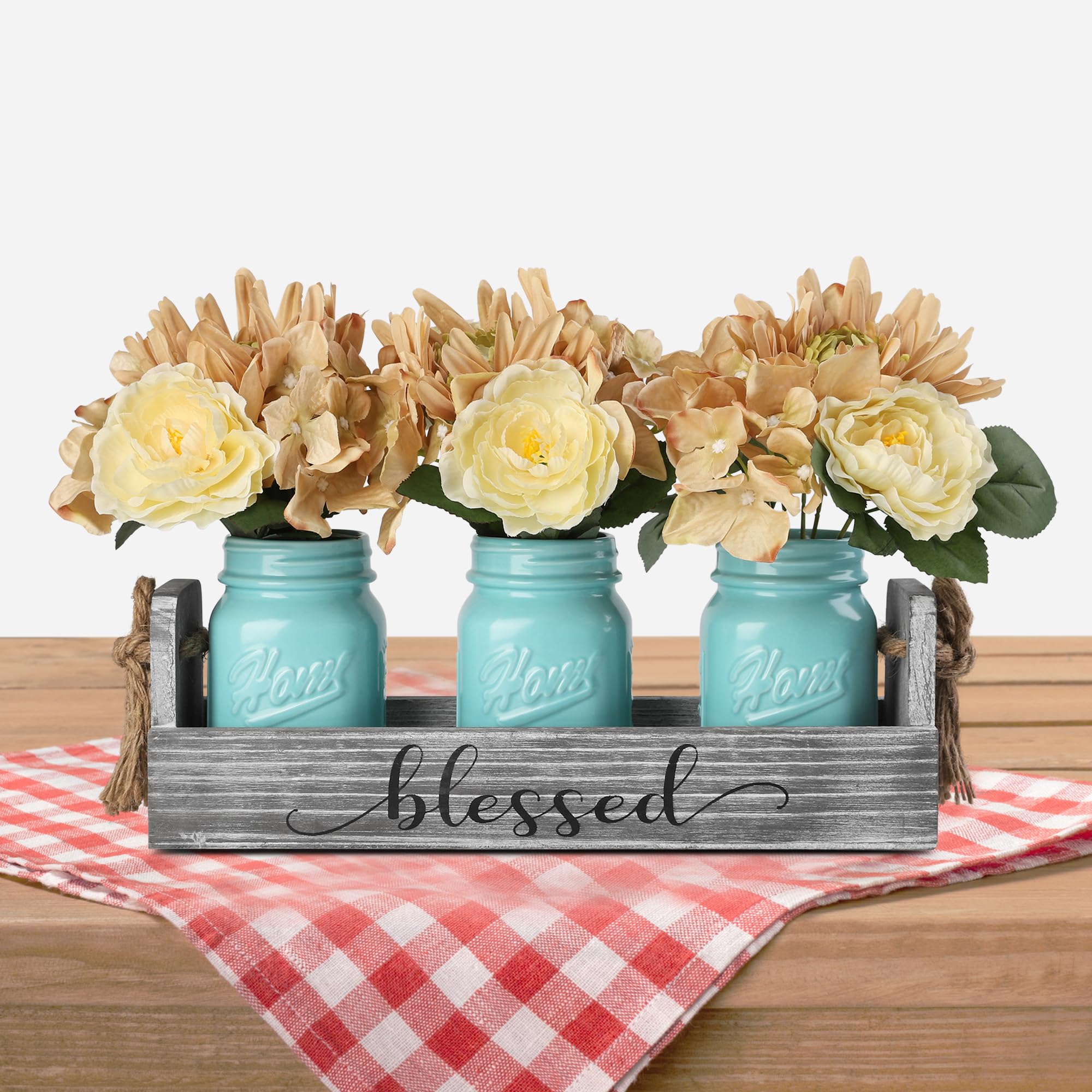 Living Room Table Centerpieces-Besuerte Rustic Decorative Thankful Wood Tray,with Rose Bouquet Flower for Home,Coffee Table Dini