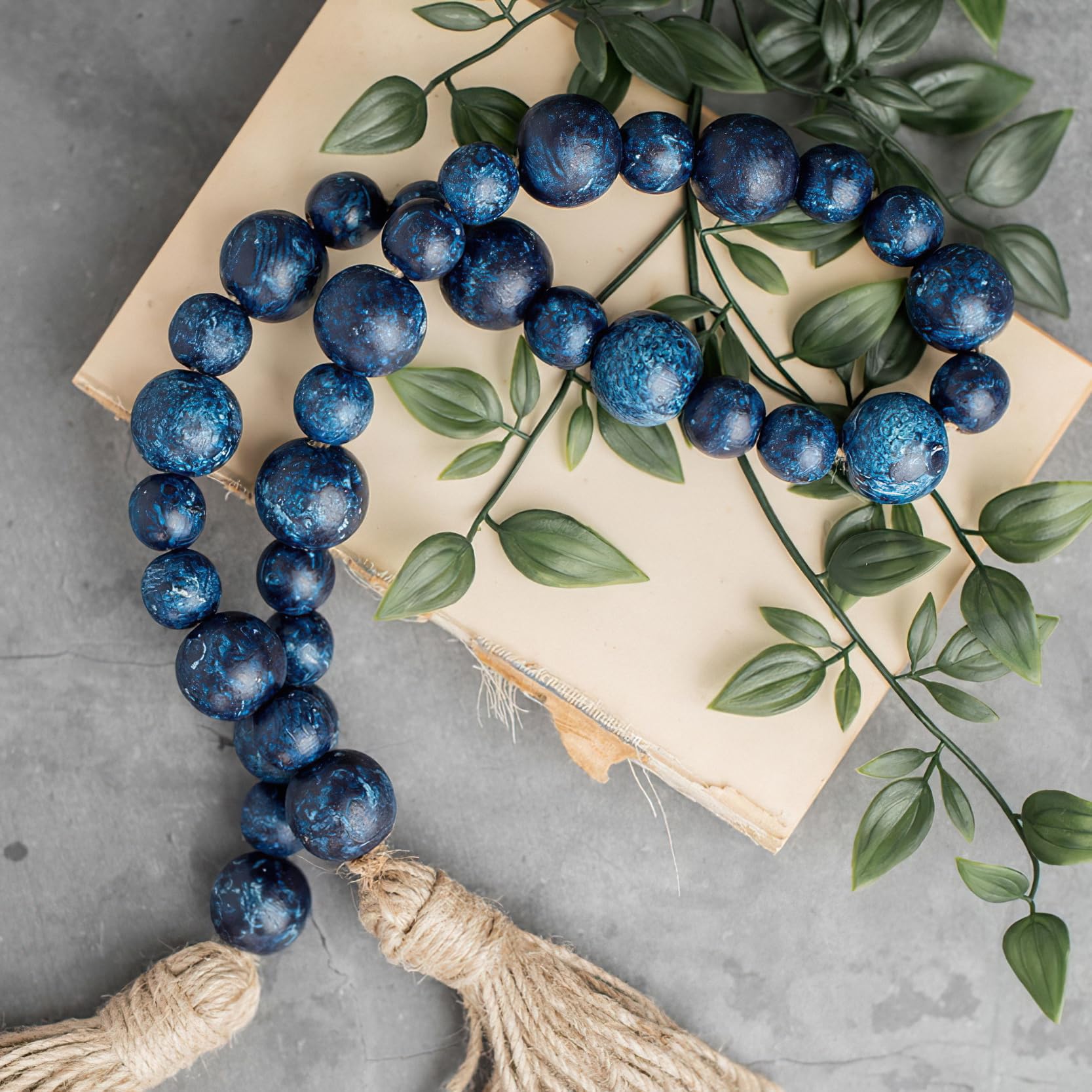Handcrafted Farmhouse Wooden Decorative Beads Garland, Table Tray Boho Wood Beads with Tassel, Small Rustic Antique Decor for Ho