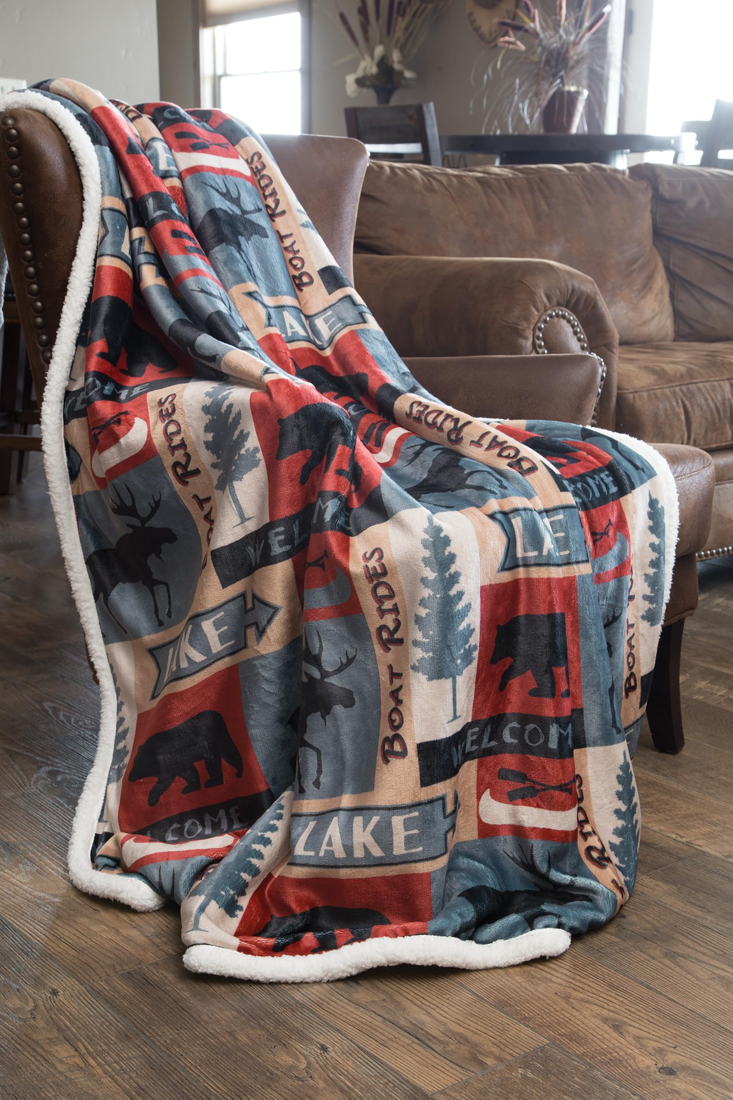 Carstens, Inc. Lake House Rustic Cabin Sherpa Fleece Large Throw Blanket, 54' X 68', Blue