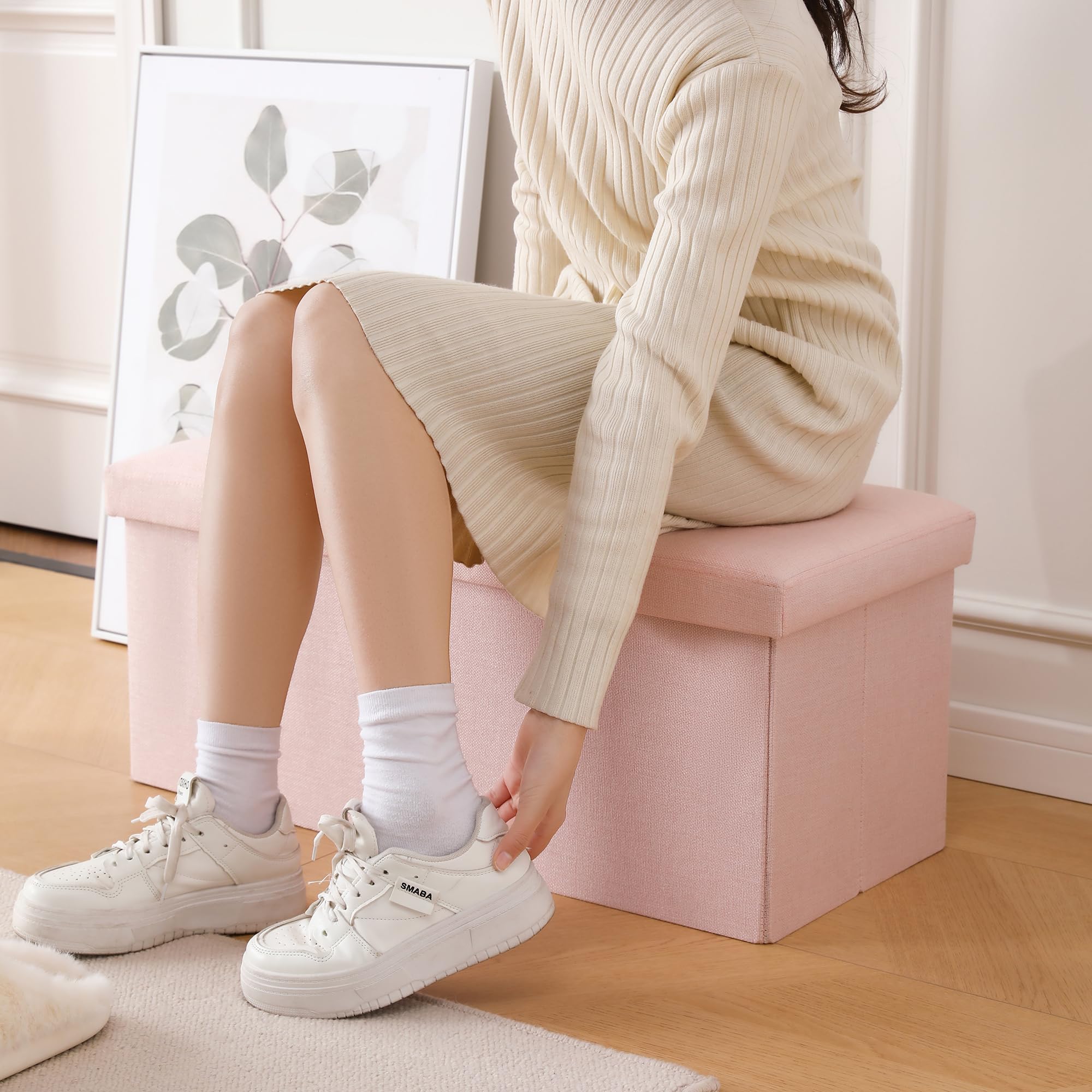 Cuyoca Storage Ottoman Bench Foldable Seat Footrest Shoe Bench End Of Bed Storage With Flipping Lid, 75L Storage Space, 30 Inches Linen Fabric Pink