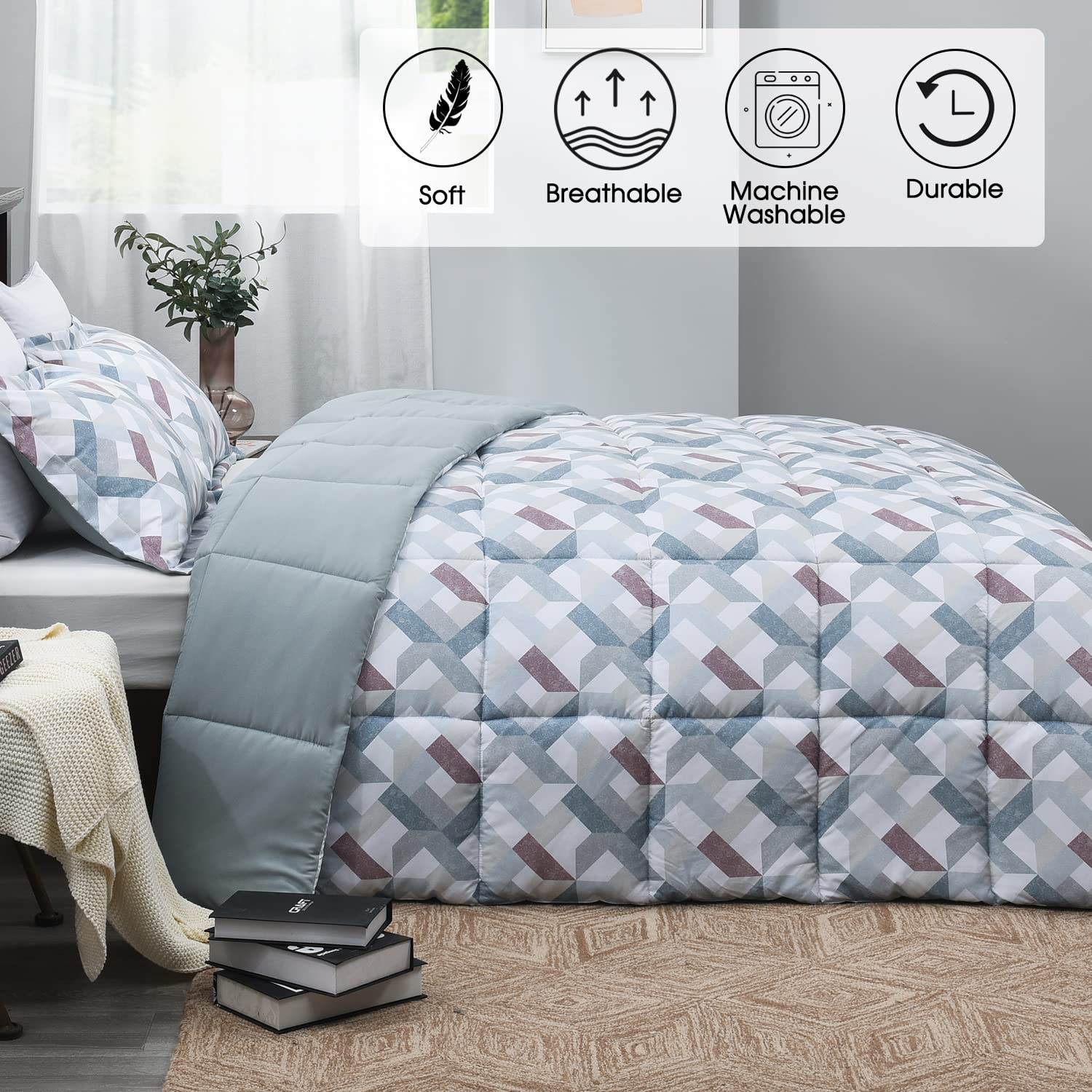 Basic Beyond Twin Comforter Set - Printed Geometry Pattern Comforter Set Twin Size,Lightweight Down Alternative Bed Comforter Set Twin(Geometry,Twin)