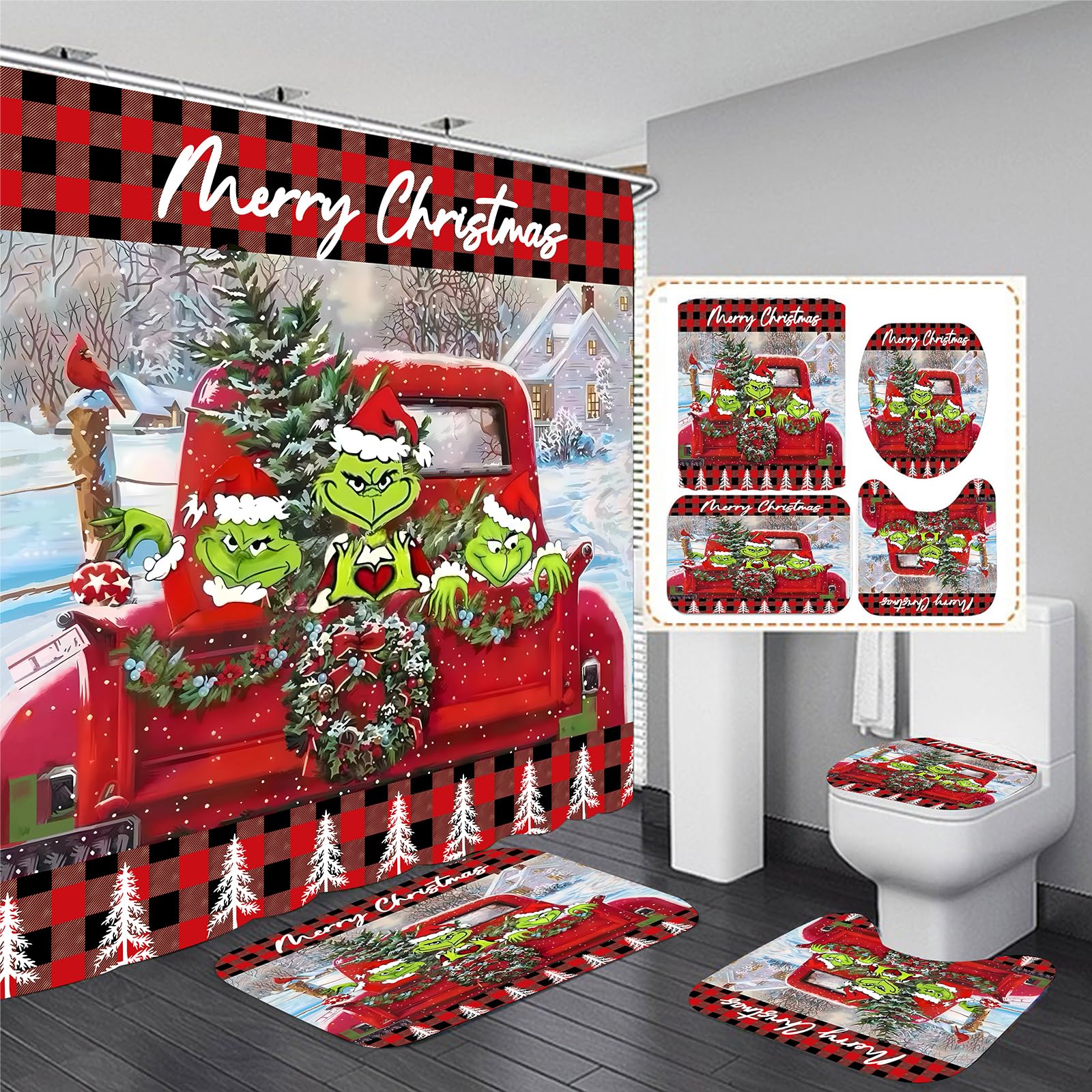 Bpwasxda 4Pcs Christmas Shower Curtain Sets with Non-Slip Rugs, Toilet Lid Cover and Non-Slip U Shape Bath Mat, Bathroom Sets wi