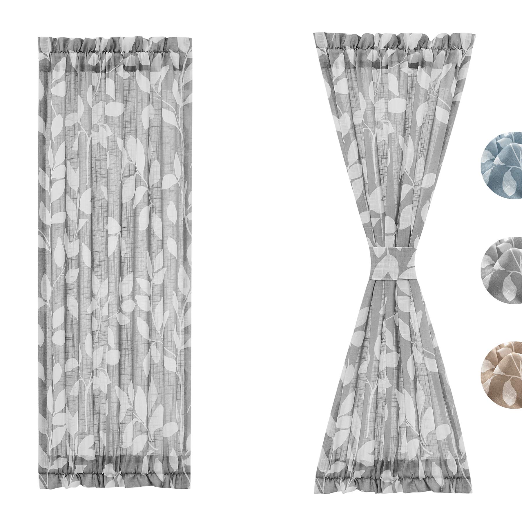 Treatmentex Side Light French Door Panels 72inch Long Grey White Leaf Front Door Curtains Privacy Linen Texture Semi Sheer Drape