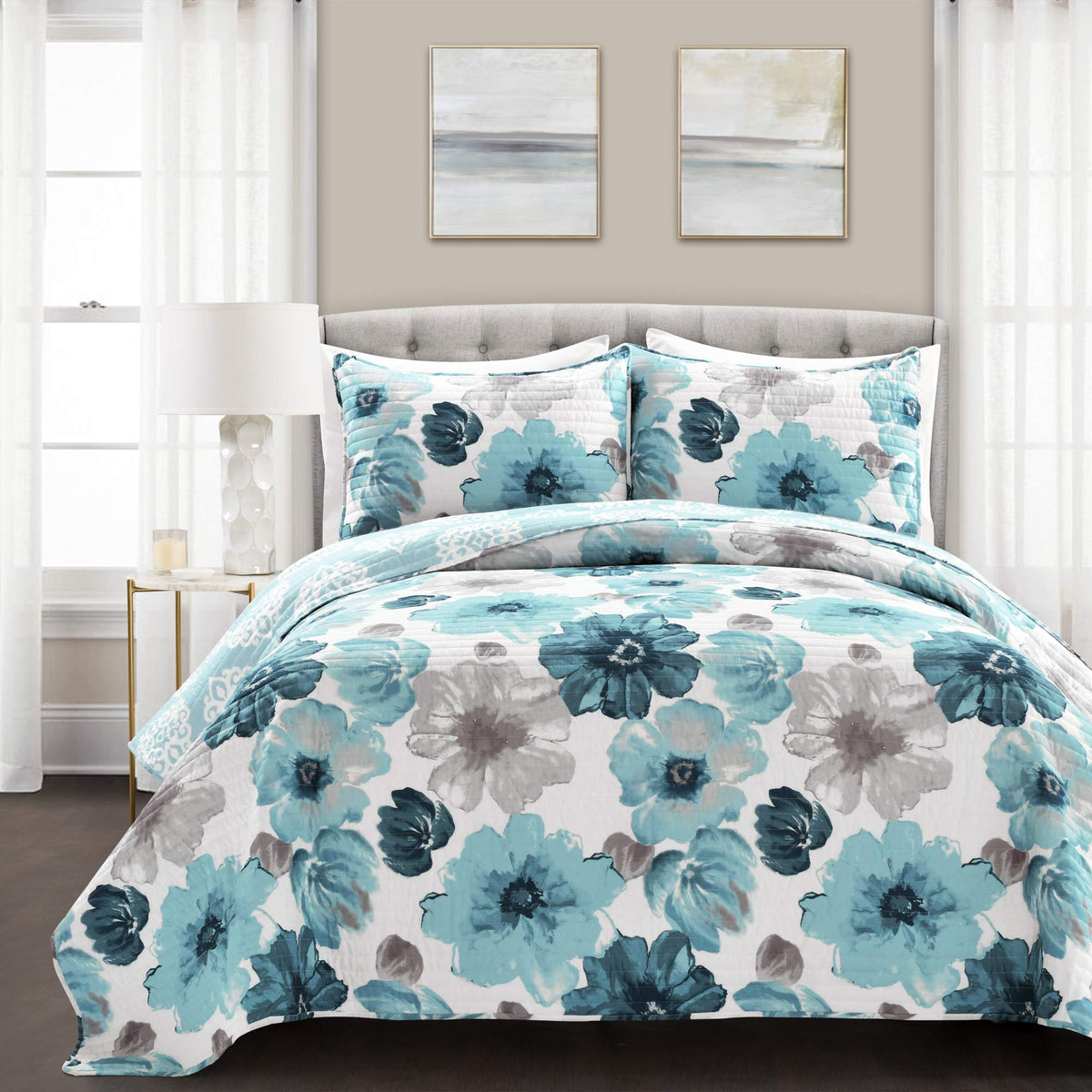 Lush Decor Leah Reversible Floral Quilt Set, 3 Piece Set, Full/ Queen, Blue - Charming Floral Bedding Set - Large Blooming Water