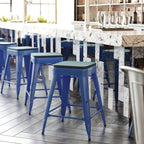 Flash Furniture Kai Commercial Grade Indoor-Outdoor Counter Height Stool - Blue Metal Frame - Teal Blue Poly Resin Seat - 24" High - Backless