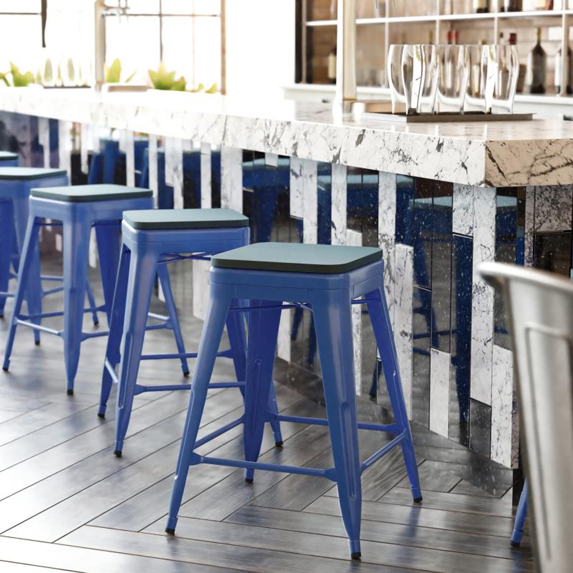 Flash Furniture Kai Commercial Grade Indoor-Outdoor Counter Height Stool - Blue Metal Frame - Teal Blue Poly Resin Seat - 24" High - Backless