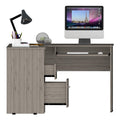 FM FURNITURE Raleigh L-Shaped Office Desk, with Two Drawers, One Shelf and One Computer Ledge - Light Grey