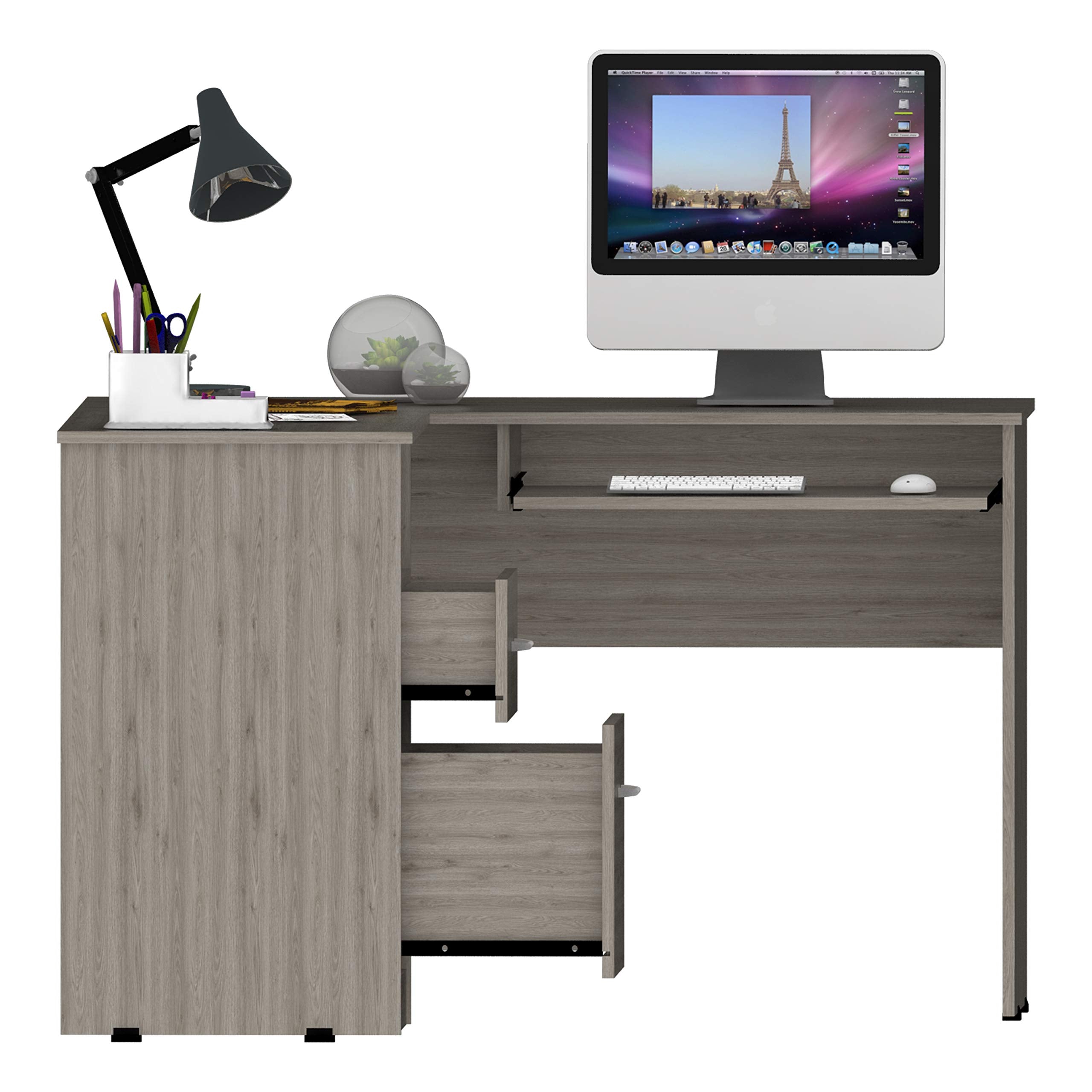 FM FURNITURE Raleigh L-Shaped Office Desk, with Two Drawers, One Shelf and One Computer Ledge - Light Grey