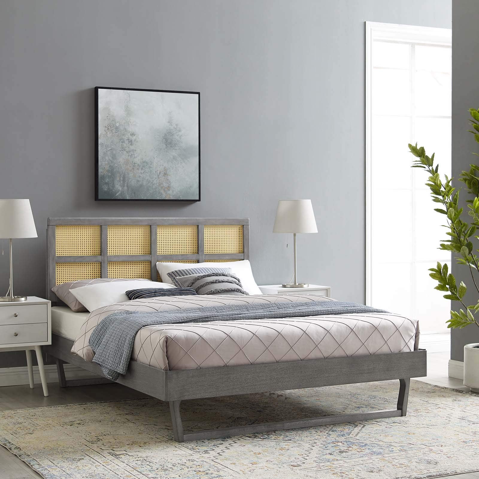 Modway Sidney Cane Rattan And Wood Queen Platform Bed In Gray With Angular Legs