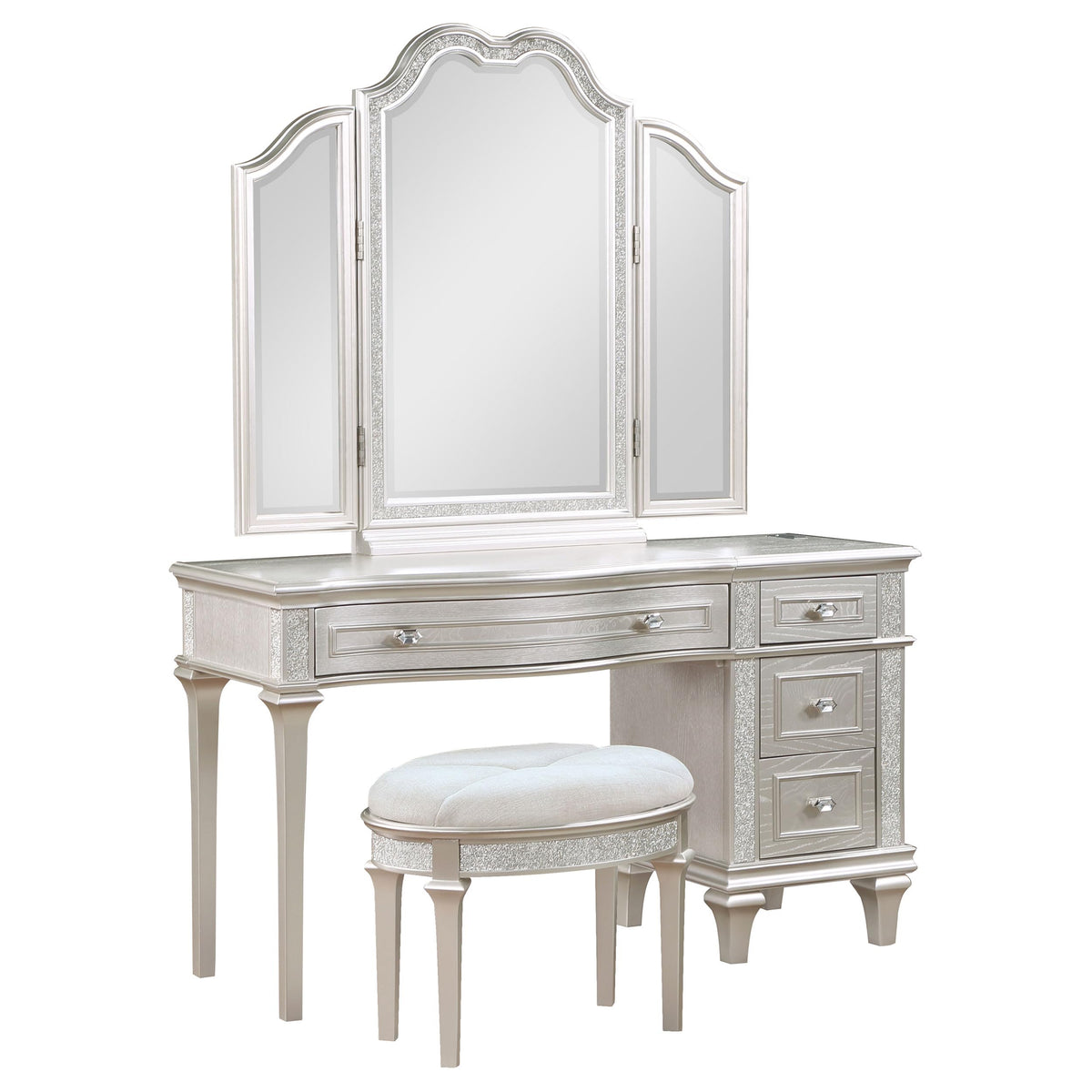 Coaster Home Furnishings Evangeline Modern Classic 3-Piece 4-Drawer Makeup Vanity Desk with Mirror for Bedroom Makeup Table Tri Fold Mirror with Oval Upholstered Vanity Stool Silver Oak 223397-SET