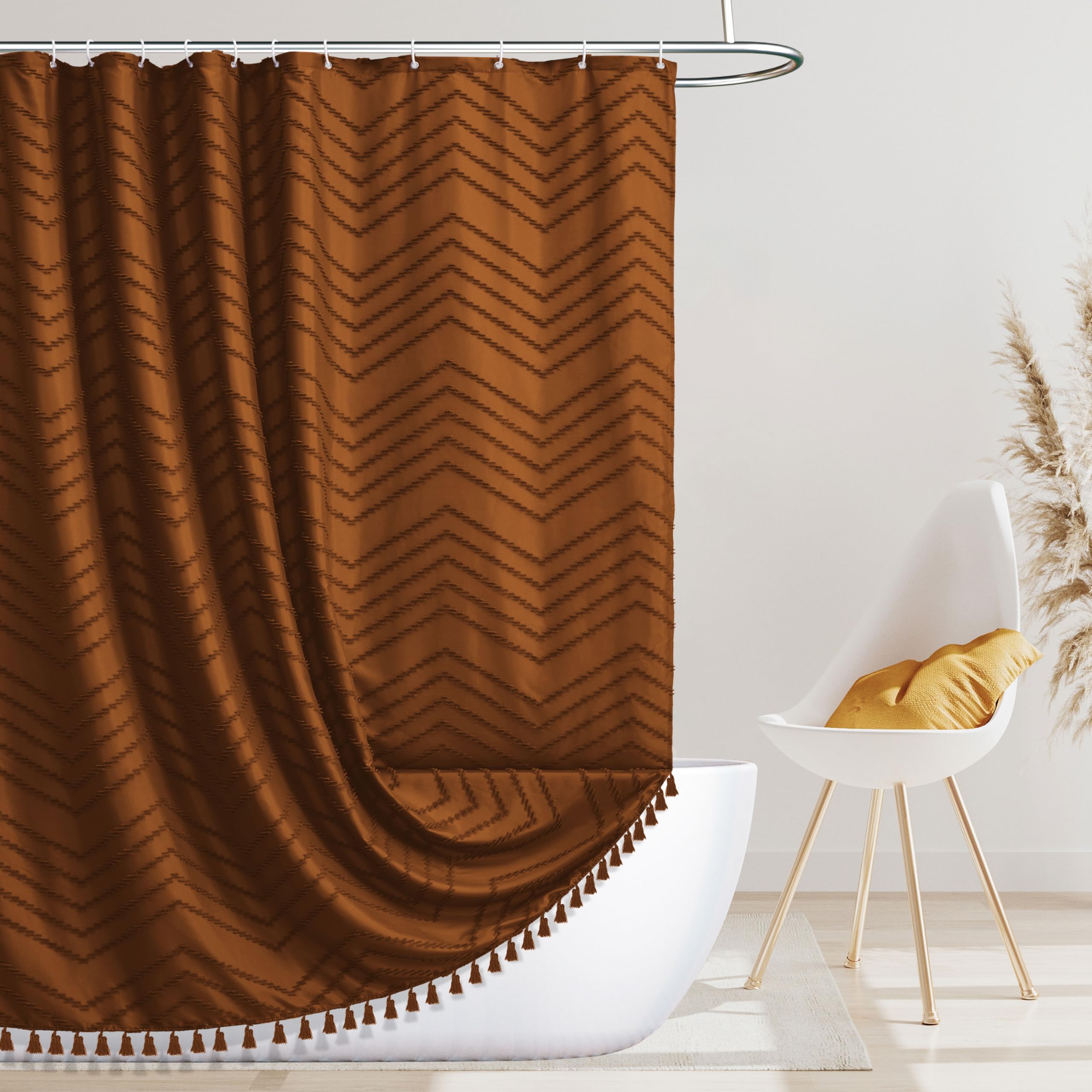 Siiluminisoy Boho Extra Long Pumpkin Orange Shower Curtain with Tassel, Woven Fabric Shower Curtain, Tufted Chevron Striped, 72 