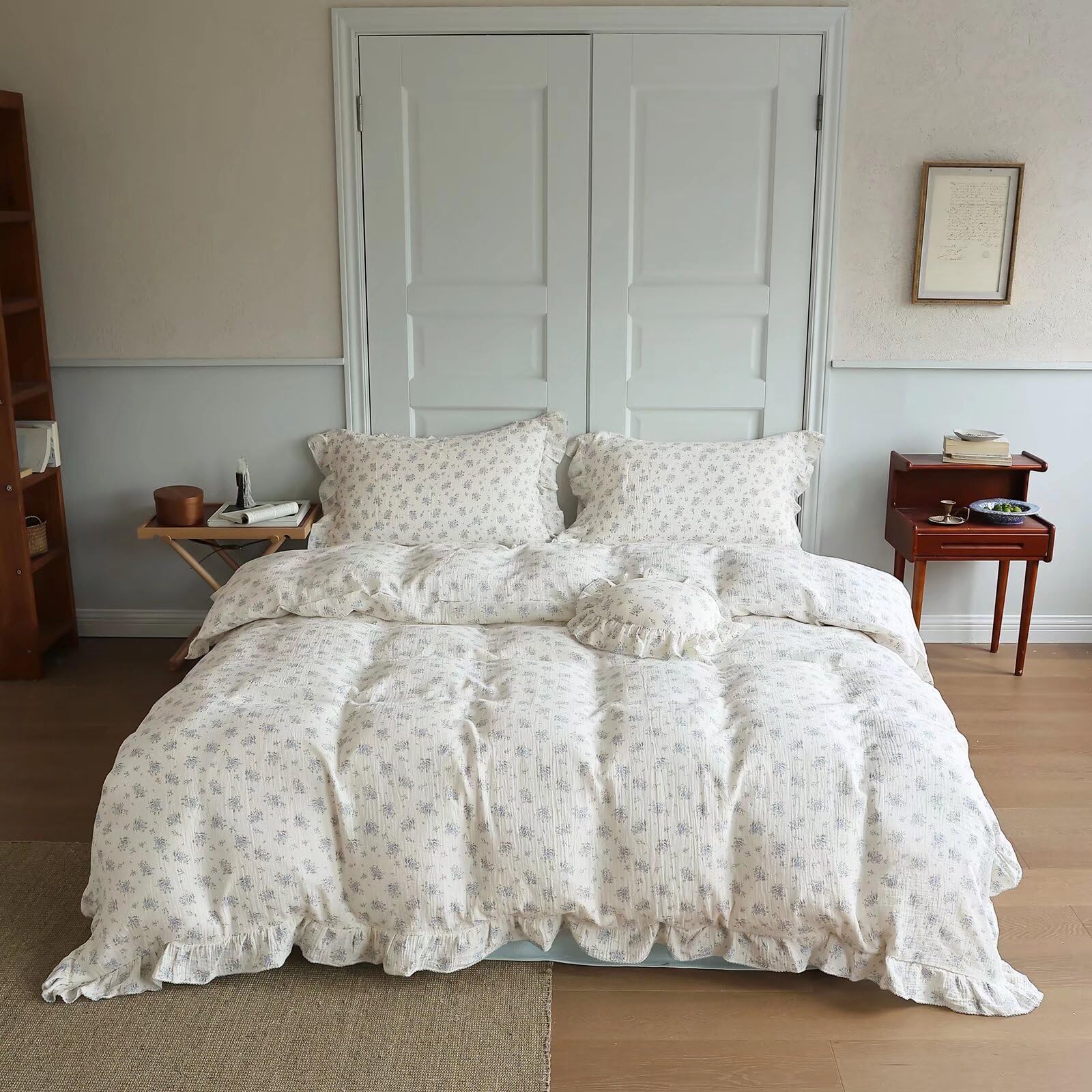 Bulutu Cottage Chic Ruffled Duvet Cover Full, Blue Floral Quilt Cover 79'X90', 1 Pc, Soft Muslin Cotton Comforter Cover Farmho