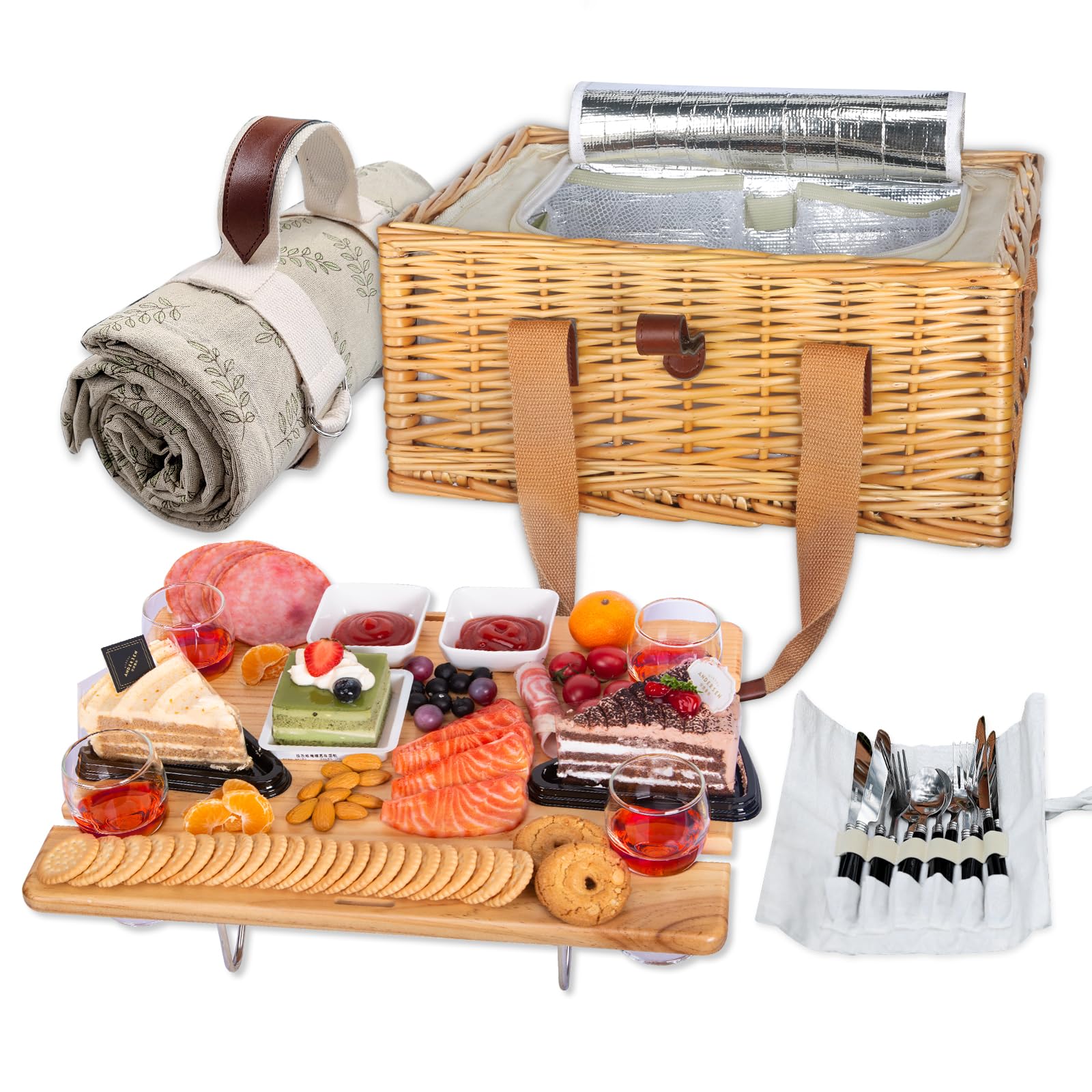 Hap Tim Wicker Picnic Basket For 4 With Mini Folding Wine Picnic Table & Large Insulated Cooler Bag & Cutlery Service Kits For 4