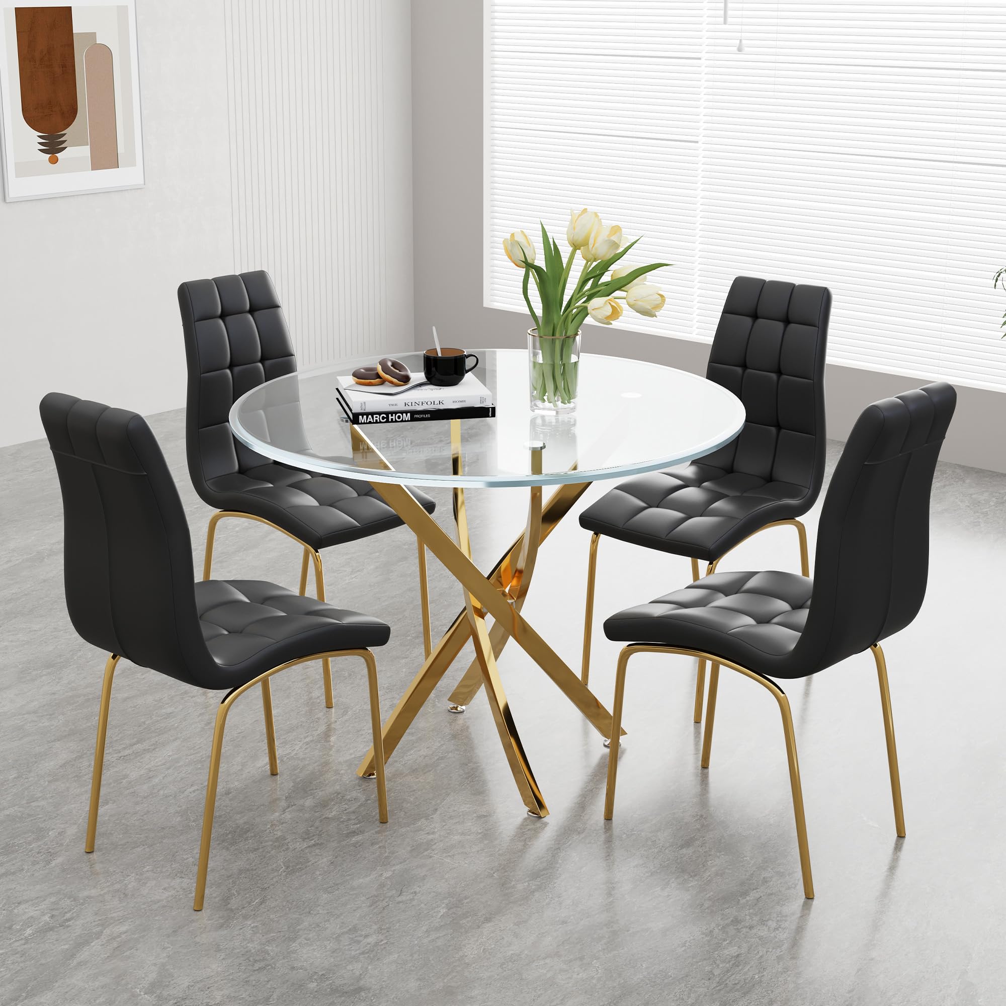 5 Piece Round Glass Dining Table Set, Round Tempered Glass Kitchen Table Set For 4, Modern Table Set With 4 High-Back Upholstere