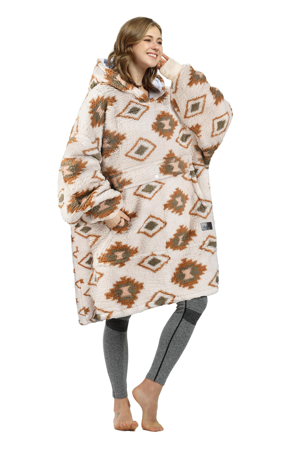 Catalonia Southwestern Aztec Oversized Wearable Blanket Hoodie Sweatshirt, Comfortable Sherpa Lounging Pullover for Adults, Gift