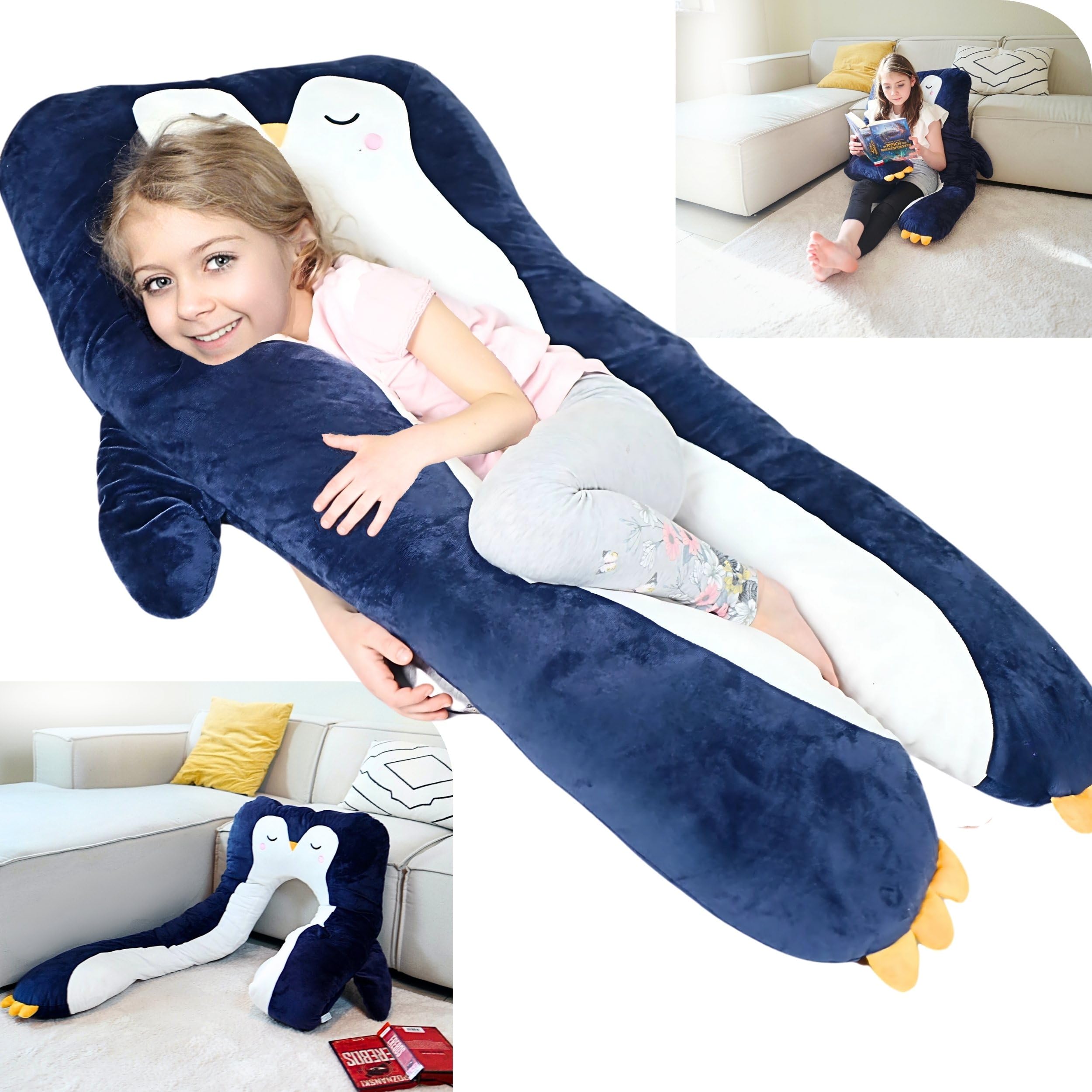 Penguin Kids Body Pillow - 47' U-Shape Long Plush Animal Pillow For Toddlers, Sleeping, Reading, Adhd & Special Needs Comfort,