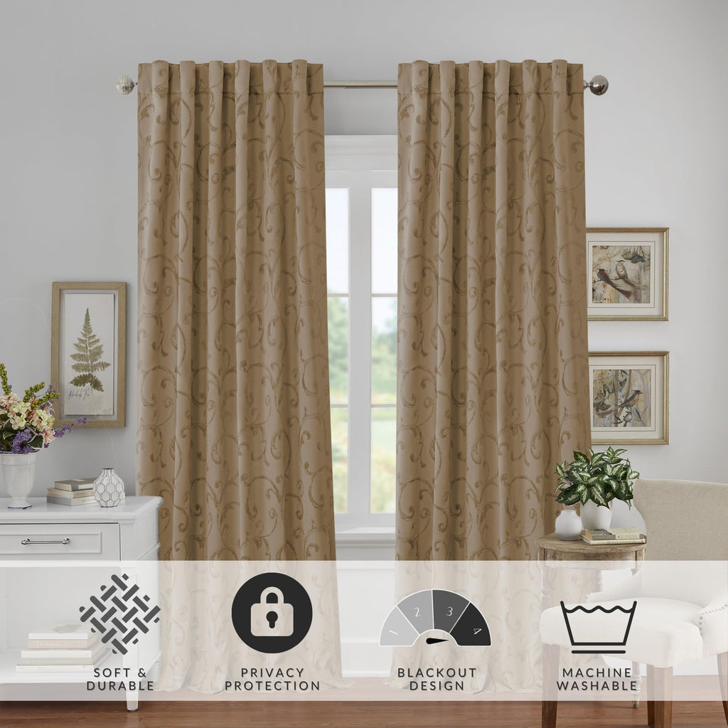 Elrene Home Fashions Mia Jacquard Scroll Blackout Window Curtain, 52'' X 95'' (1 Panel), Taupe