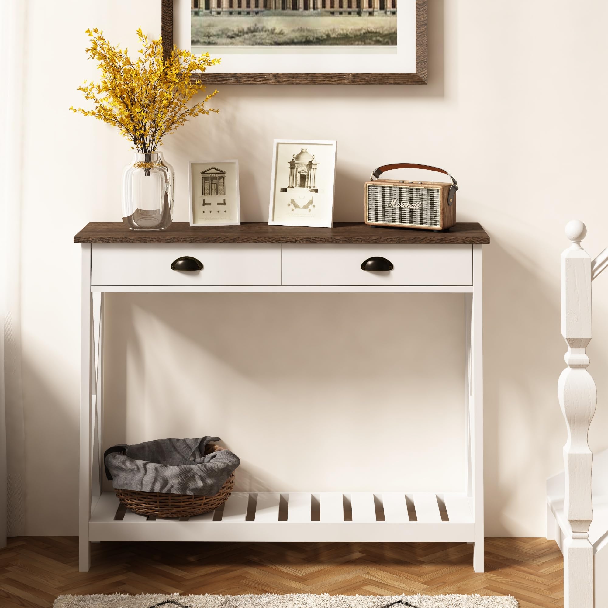Choochoo Farmhouse Console Table With Drawer For Entryway, Narrow Long Entry Table With Shelf For Living Room, Rustic Vintage Hallway Sofa Table With Stable X Supports, 40 White