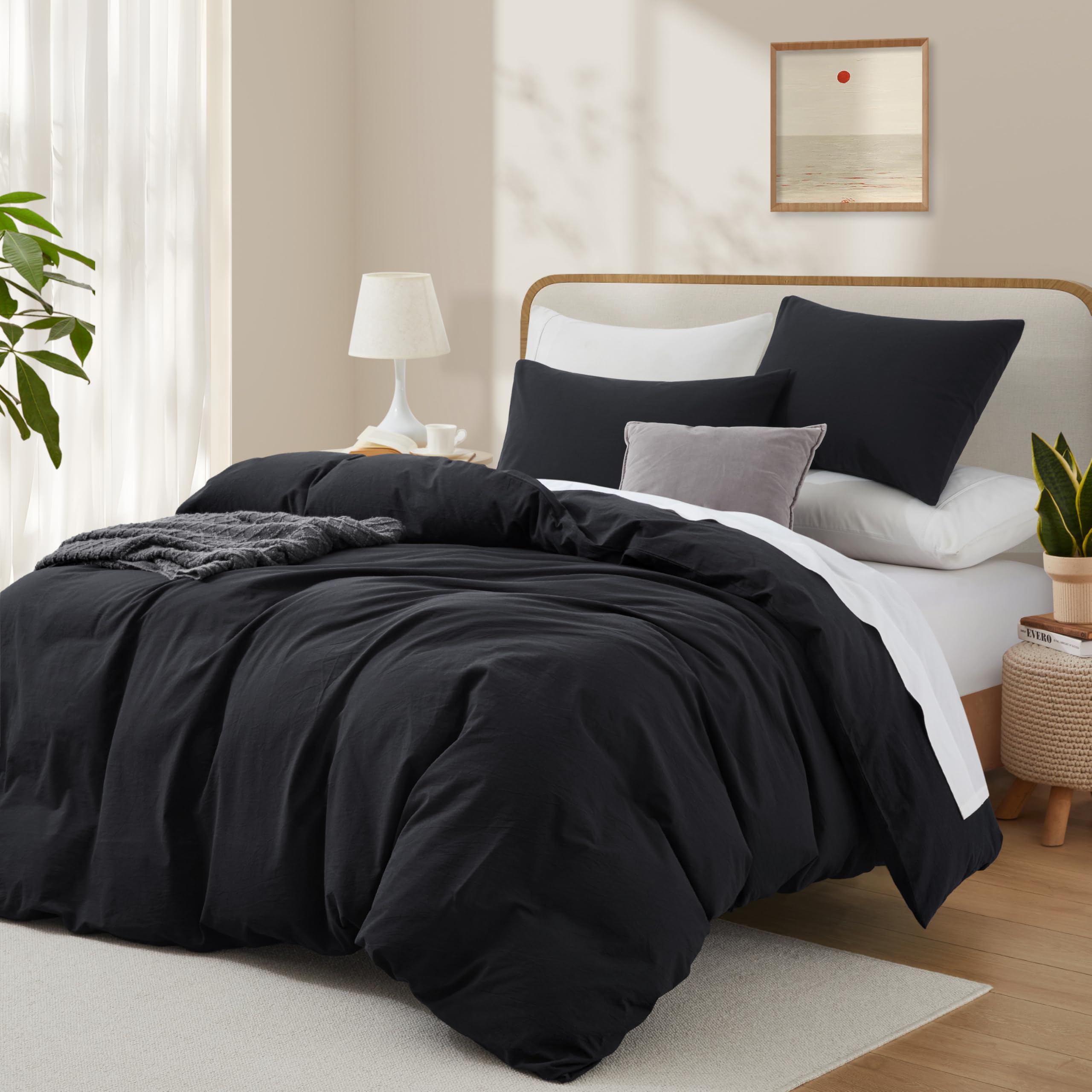 Lovque Bedding Duvet Cover Queen Size, 100% Washed Cotton Linen Like Natural Bedding Set With Zipper Closure (No Comforter), 90X