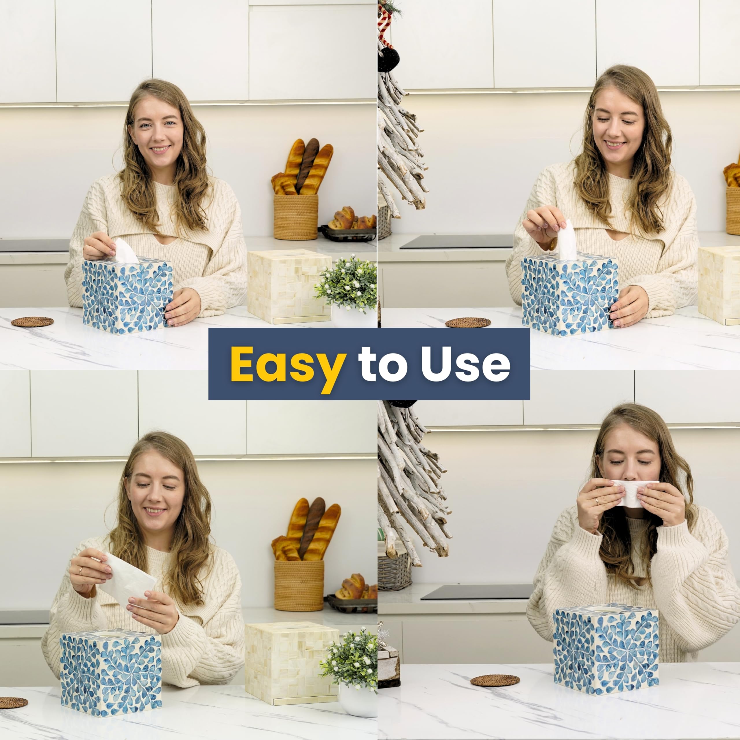 Claynix Tissue Box Cover - Mosaic Mother Of Pearl Inlay Cube - Napkin Holder Square - Toilet Paper Storage - Decorative Organize