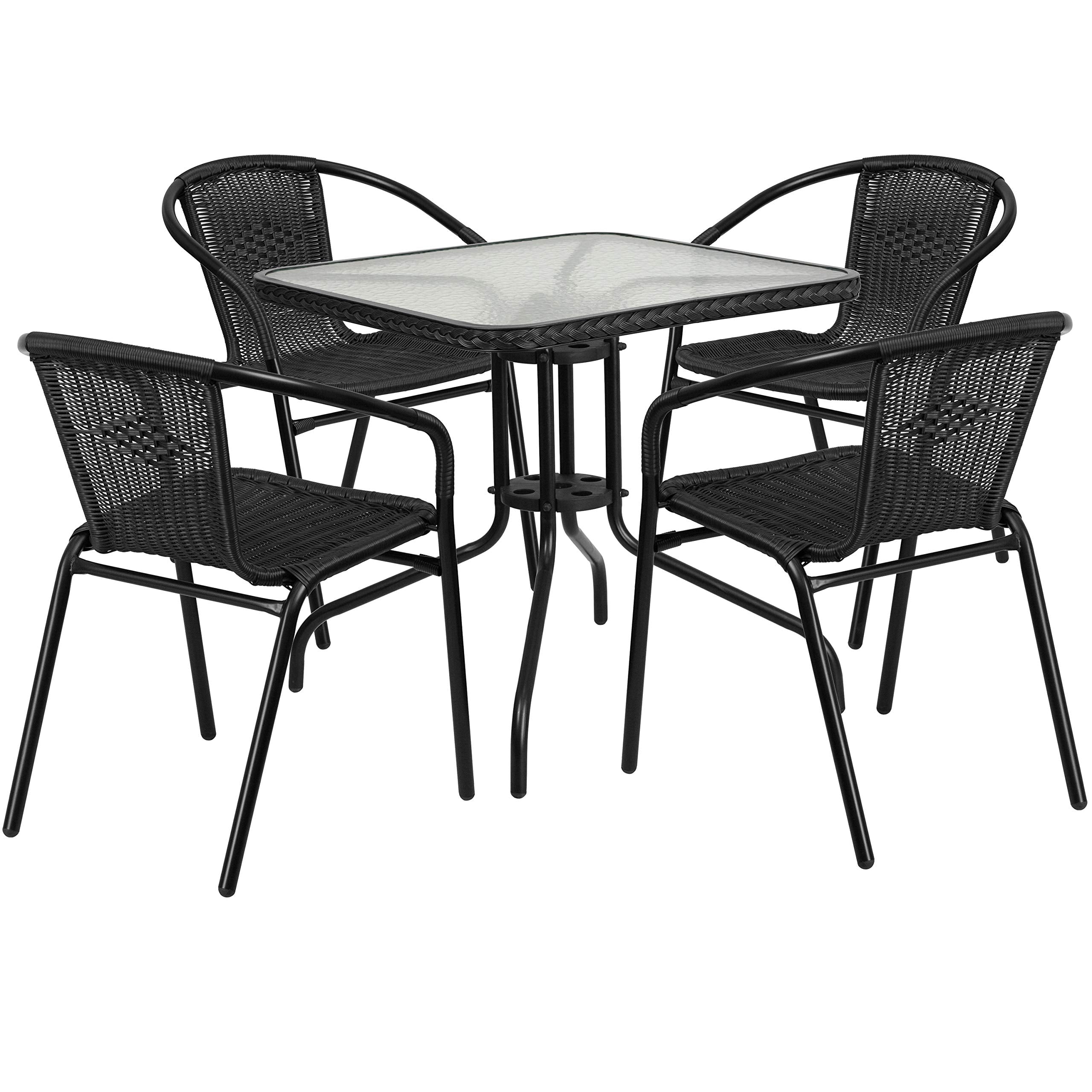 Flash Furniture 5-Piece 28' Square Indoor/Outdoor Patio Table And Chairs Set, Dining Set With Glass Metal Bistro Table, 4 Stack Rattan Chairs, Black