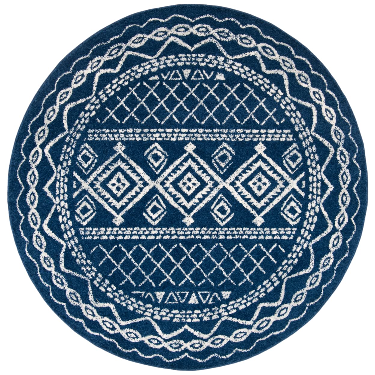SAFAVIEH Tulum Collection Area Rug - 3 Round, Navy & Ivory, Moroccan Boho Distressed Design, Non-Shedding & Easy Care, Ideal fo