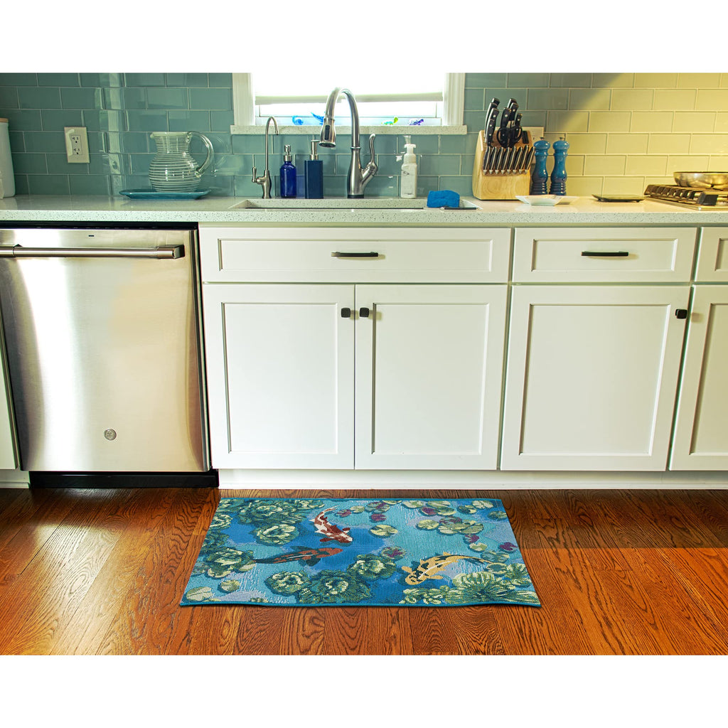 Liora Manne Esencia Machine Washable Non-Slip Low Profile Indoor/Outdoor Mat-Transitional, Whimsical, Fish, Nature, Koi Pond Aqua 2' X 2'10'