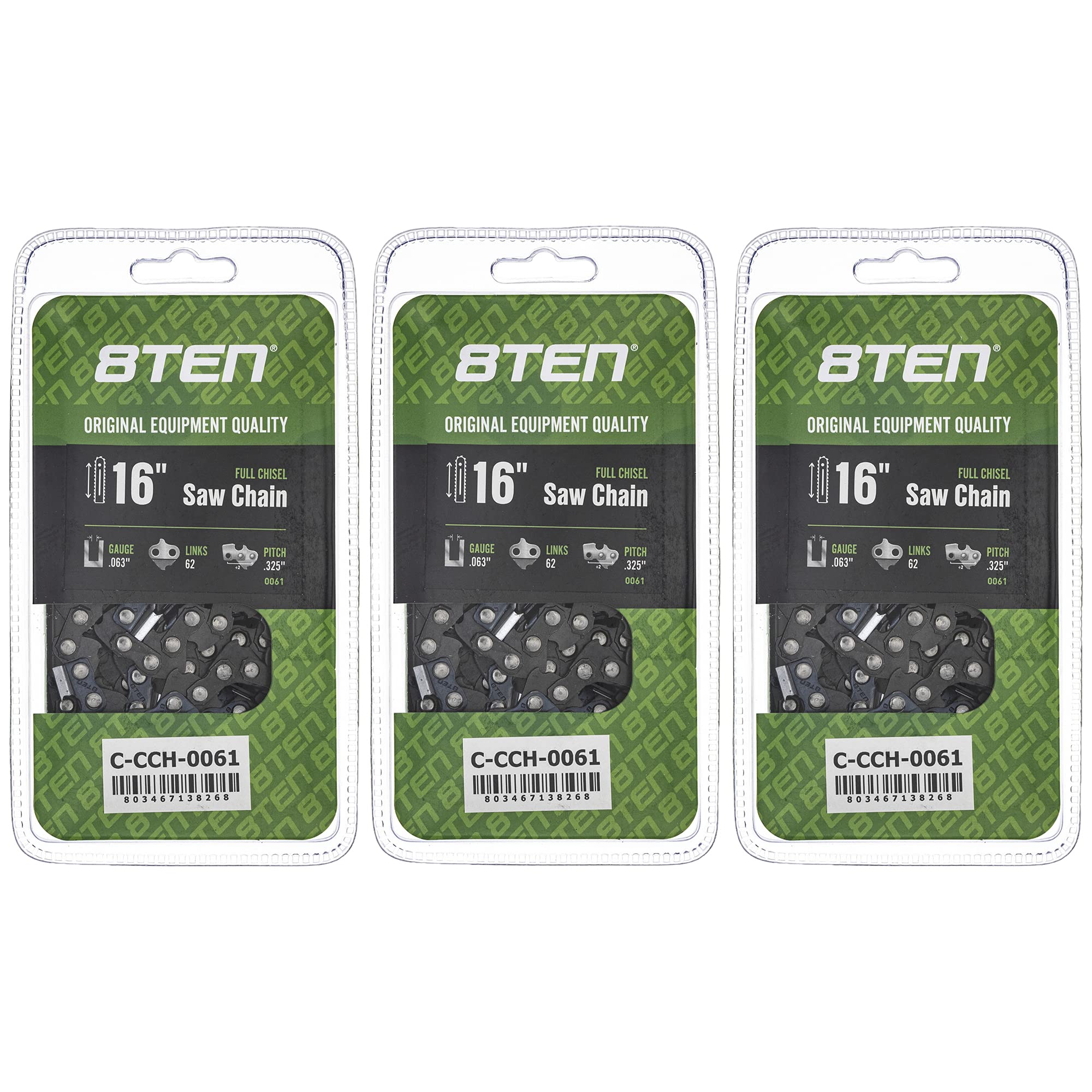 8Ten Full Chisel Chainsaw Chain 16 Inch .063 .325 62Dl For Stihl 025 Ms 230 241 250 251 (3 Pack)