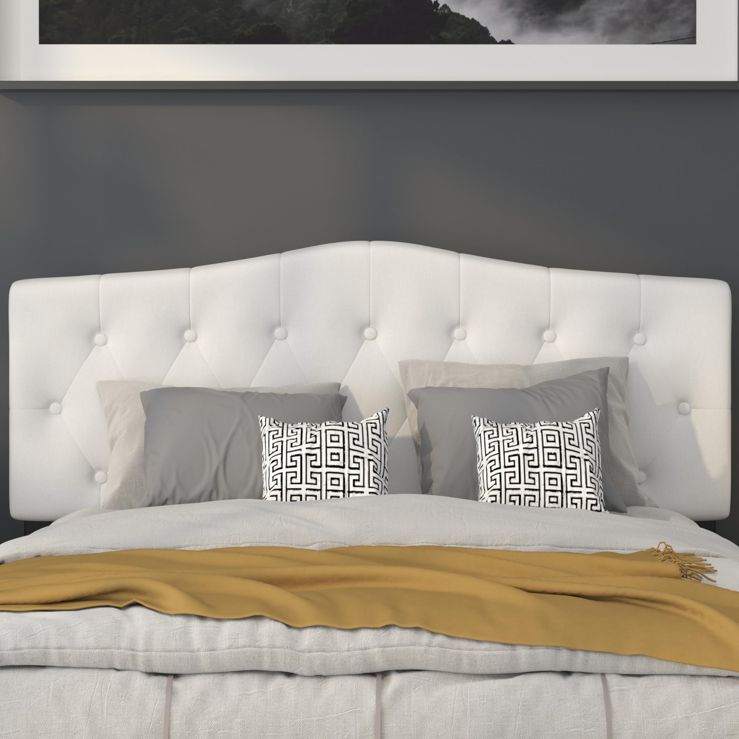 Flash Furniture Cambridge Tufted Upholstered Headboard For Queen Size Bed, Contemporary Fabric Tufted Headboard With Adjustable Height, White