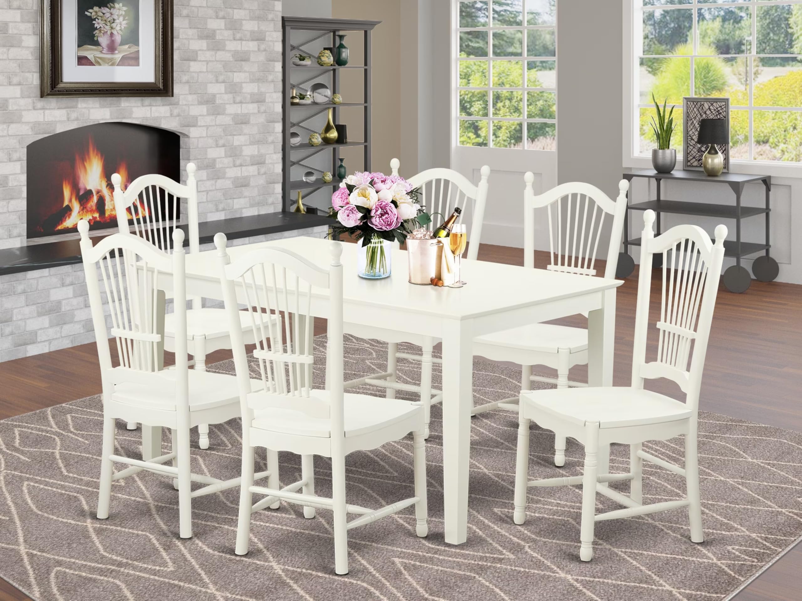 East West Furniture CADO7-LWH-W 7 Piece Kitchen Table Set Consist of a Rectangle Dining Table and 6 Dining Chairs, 36x60 Inch, Linen White