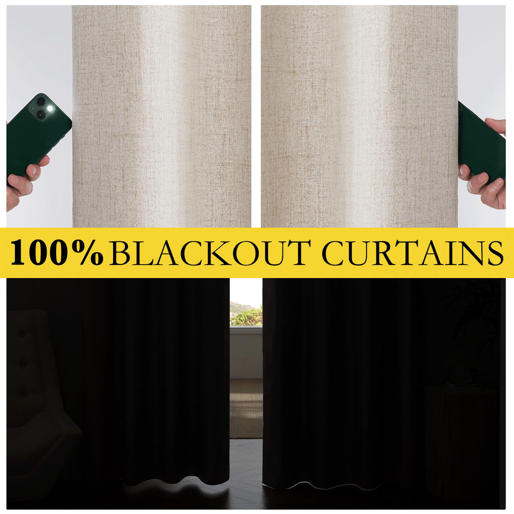 Nicetown Oatmeal Full Blackout Boho-Chic Linen Curtains 84 Inch Long 2 Panels Set For Cafe Window, 42 Inch Wide, Thick Linen Blend Drapes, Insulated Window Covers Draperies With White Backing